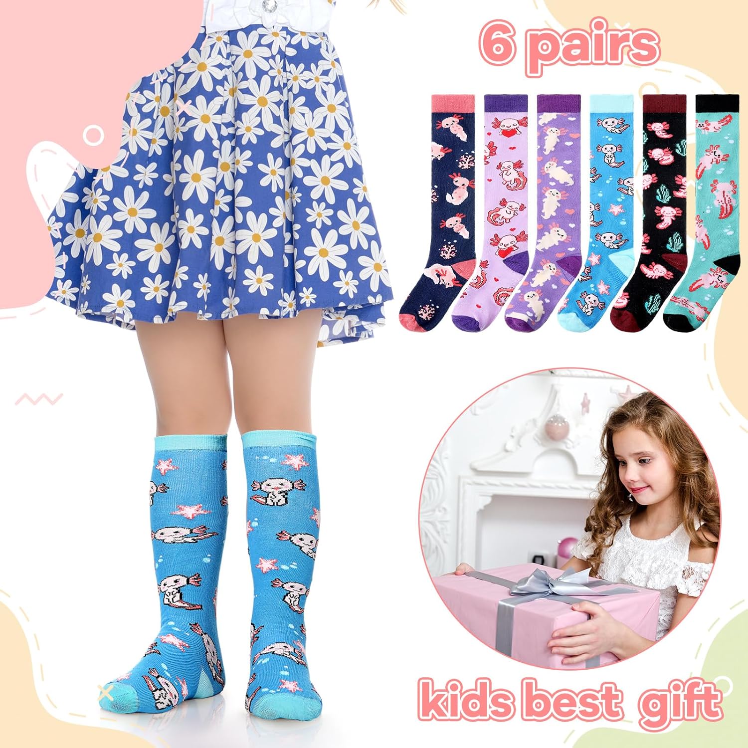 6 Pairs Kids Socks Cute Axolotl Animals Novelty Crew Cotton Socks Casual Dress Set Gifts for Kids Boys and Girls - Image 2