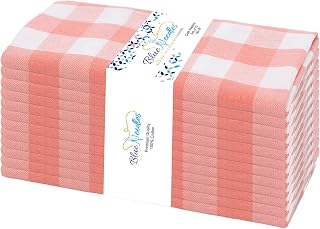 Blue Needles Gingham Buffalo Plaid Cloth Napkins 100% Cotton Set of 12 Dinner Table Napkins 18x18 inch Soft, Reusable, Washable Perfect for Fall Thanksgiving Parties & Everyday Use - Salmon & White