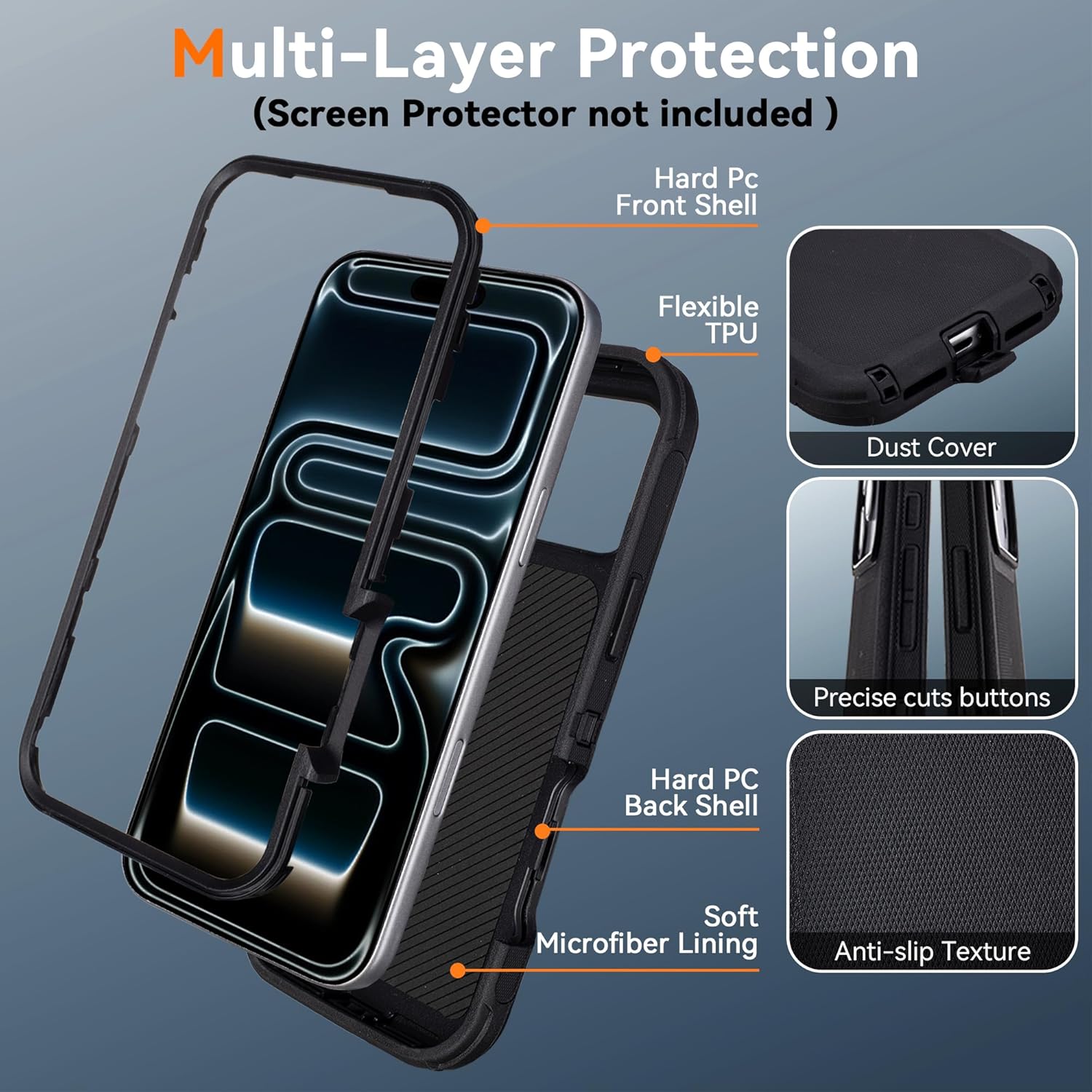 for iPhone 17 Pro Max Case with Belt Clip Holster, Military Grade Drop Protective, 4 in 1 Heavy Duty Shock-Absorbing Rugged Case for iPhone 17 Pro Max 6.9", Black - Image 3