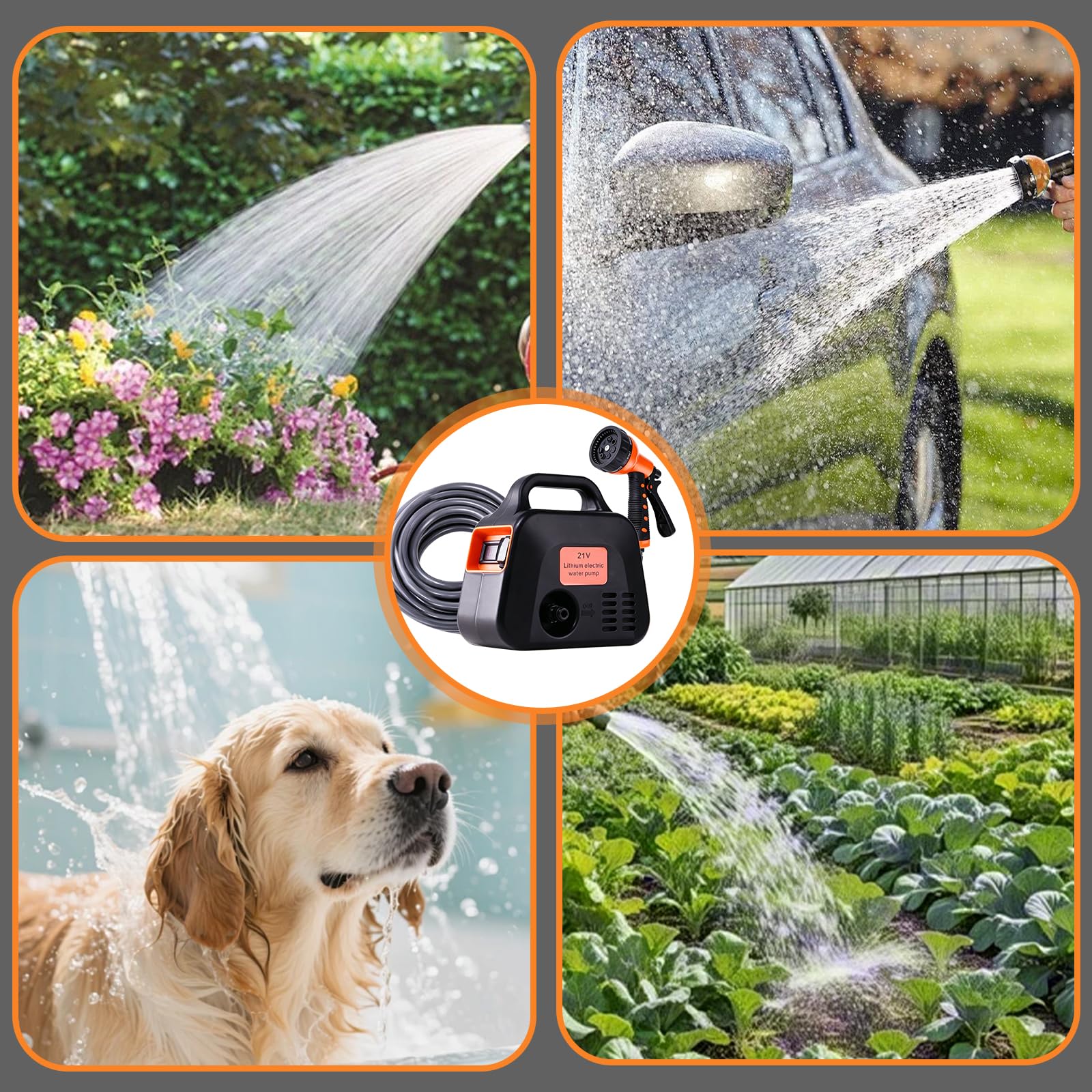 Bomba de Agua con Batería, 600L/H Bomba Eléctrica de Jardín con 2 Baterías, 2 Velocidades, Bomba Eléctrica Inalámbrica Portátil Autocebante Incluye Boquilla 7 en 1 para Casa, Piscina, Caravana, Jardín