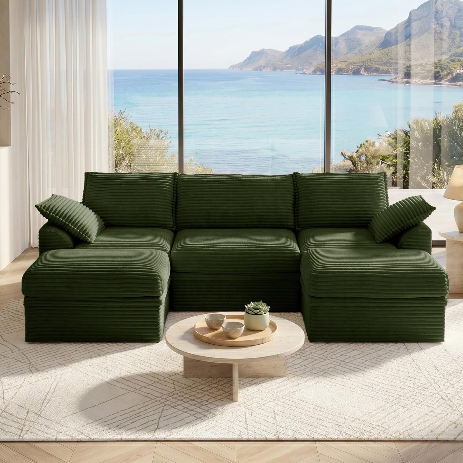 Modular Sectional Couch with Storage, Corduroy 5-Seat U Shaped Boneless Couch with 2 Ottomans & Pillows