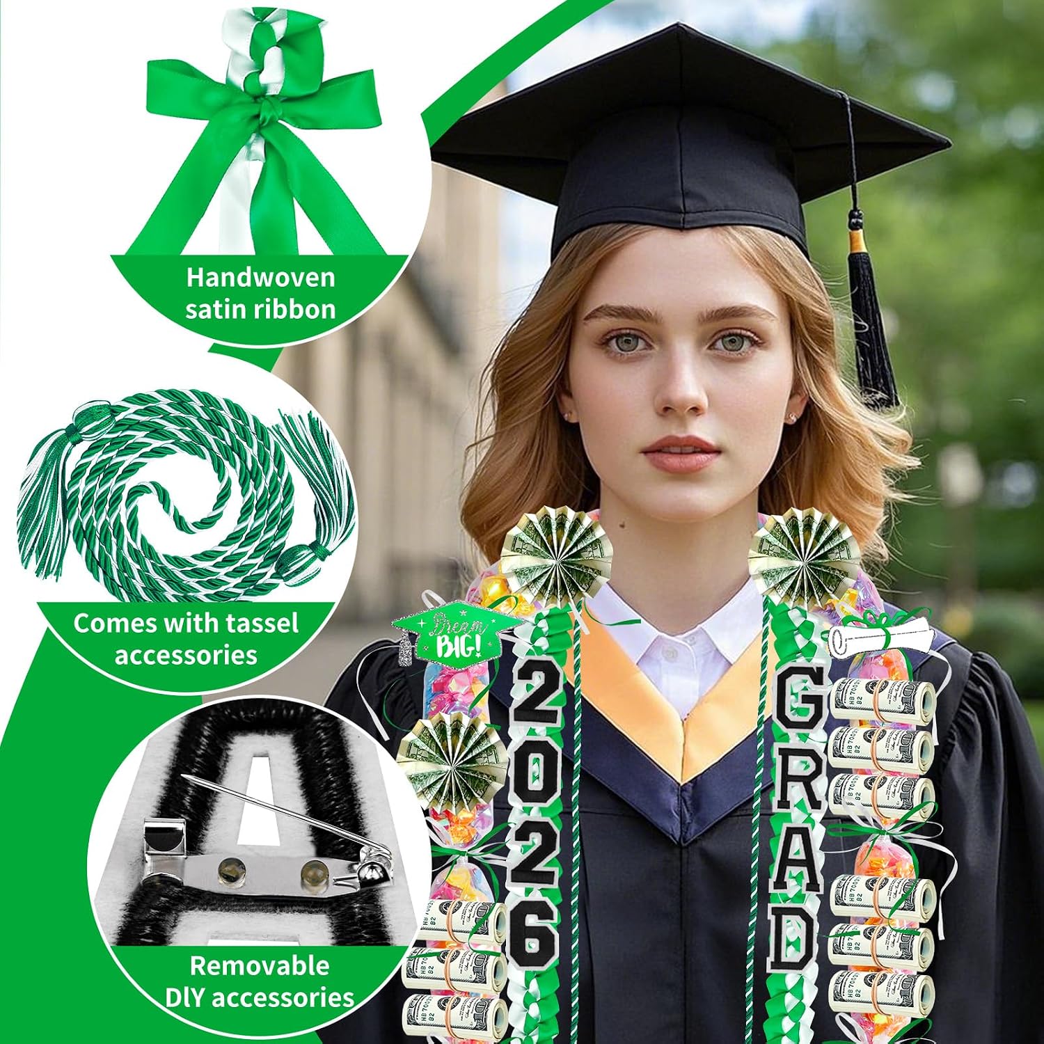 LUYI 18 Pcs 2026 Graduation Lei Making Kit, Graduation Necklace Candy Leis Class of 2026 Double Layer Ribbon Money Lei Accessories with Bracelet & Honor Cord for DIY Graduate Gifts Women Men
