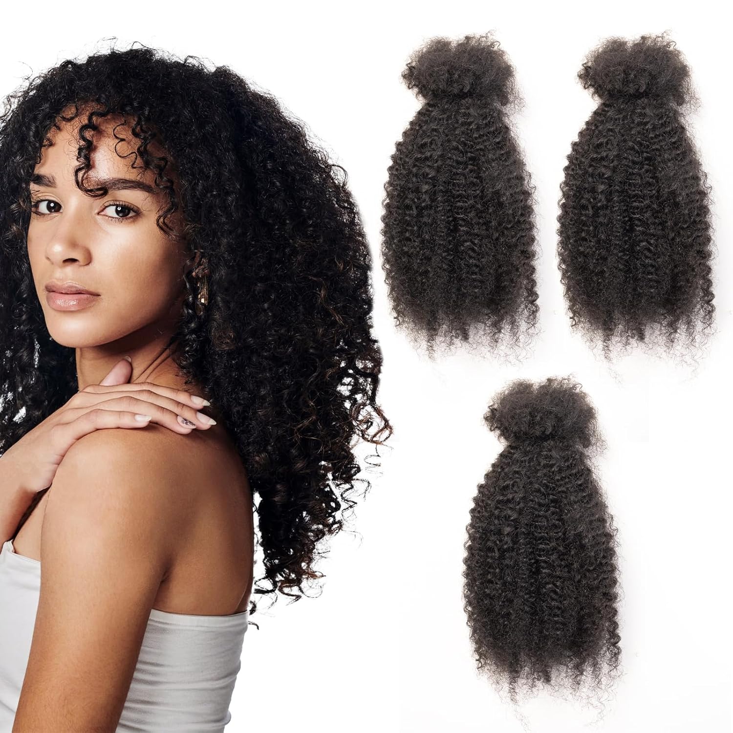20 Inch Afro Kinky Curly Human Hair Bulk 3 Pack, Pre Looped Micro Locs Dreadlocks Extension, 1B Natural Black for DIY Twist Braids Crochet Repair Protective Styles
