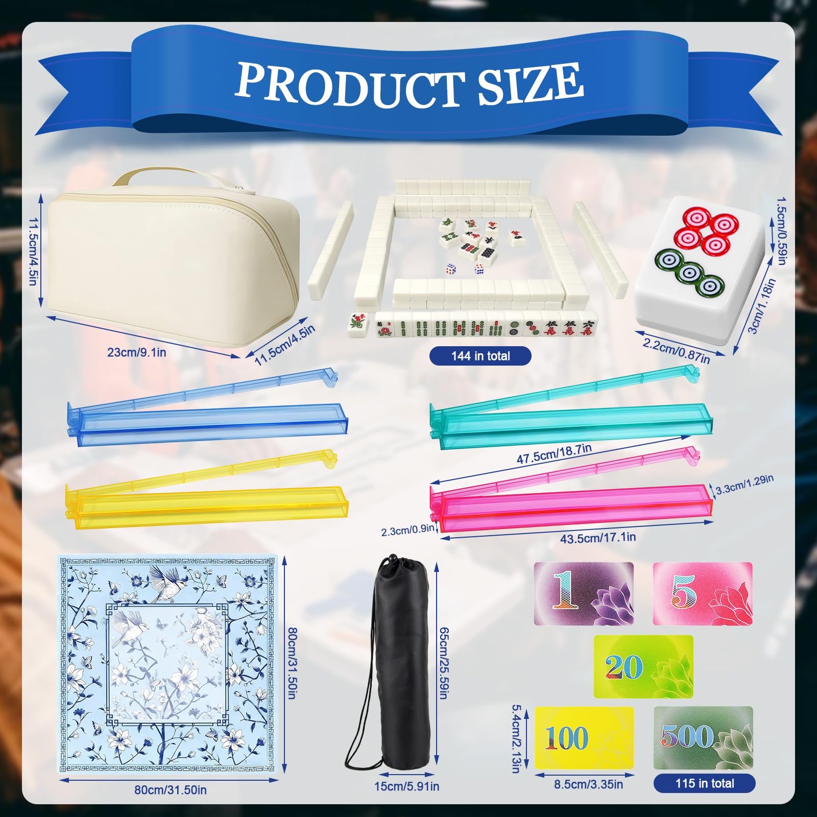 Mini set Mahjong, con 144 piastrelle Mahjong, borsa portaoggetti, supporto Mahjong, carte punteggiate, tappetino da tavolo da gioco, set da tavolo cinese portatile, gioco per la famiglia per uccidere