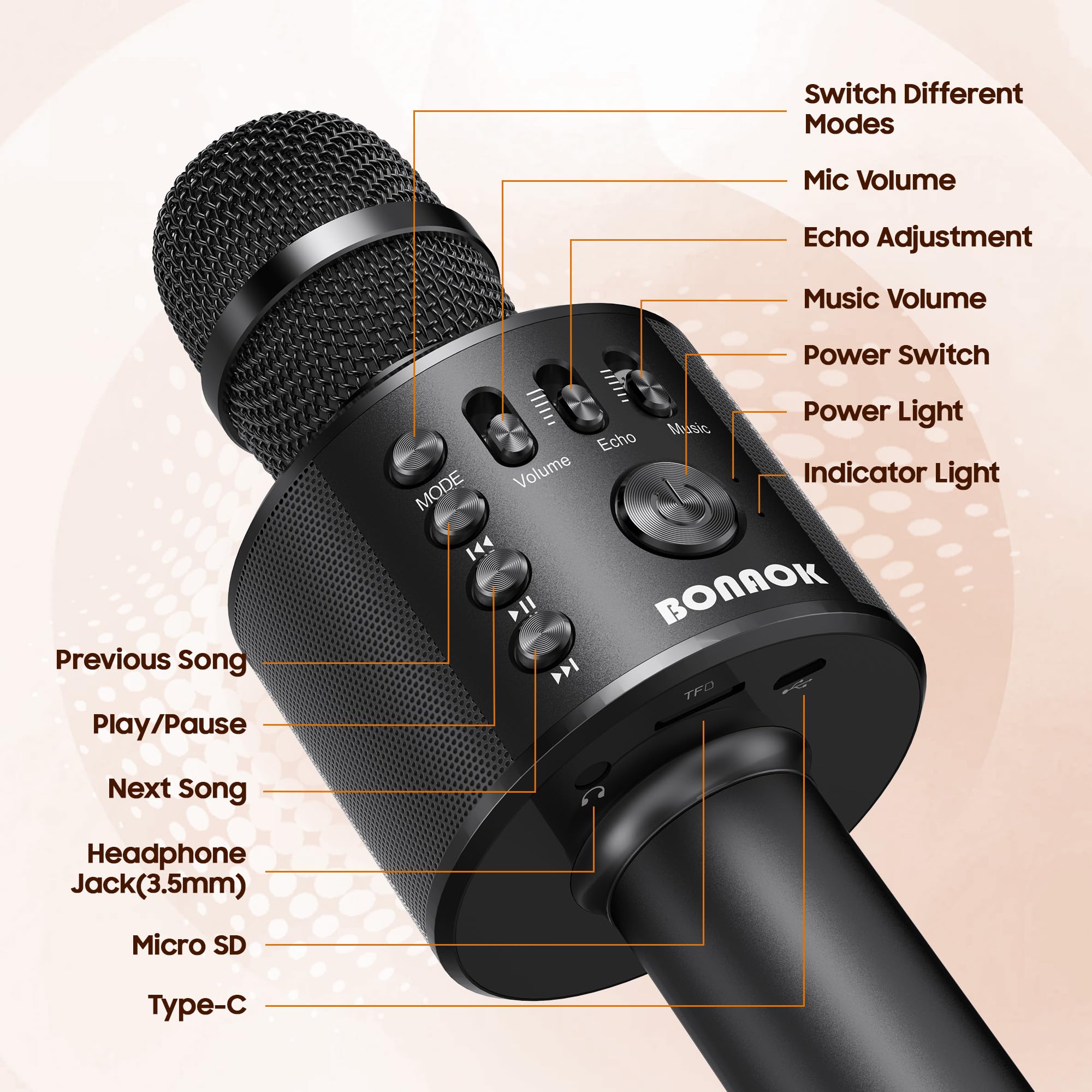 BONAOK Bluetooth Karaoke Mikrofon Erwachsene, Tragbares 3 in 1 Karaoke Mic, Handmikrofon für iPhone Android PC Smartphone (Schwarz)