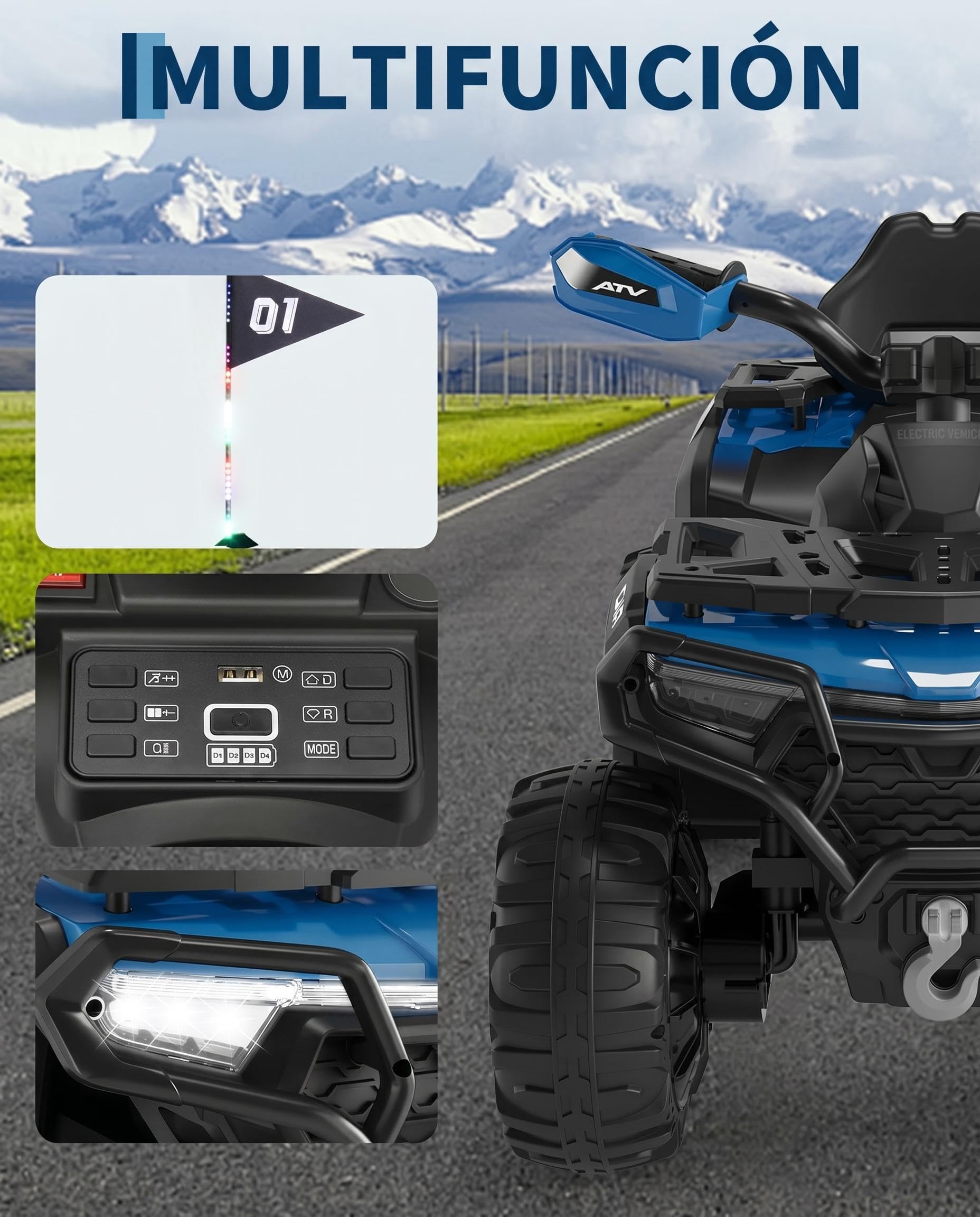 Garvee Quad Eléctrico Niño 12V, Coche Eléctrico 4 Ruedas Todoterreno con 2 Motores, Mando Parental, Azul Marino
