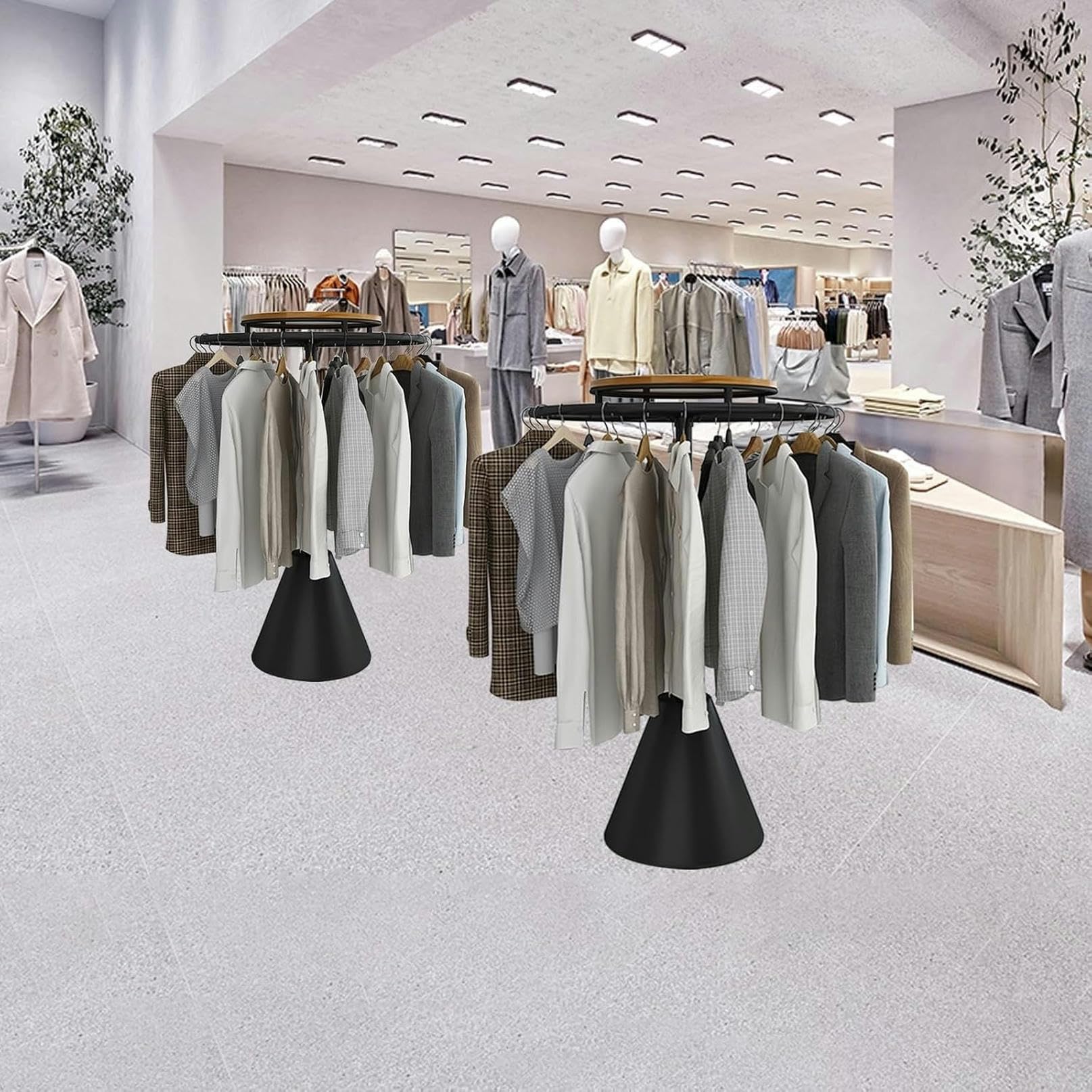 Wytrzymały okrągły obrotowy stojak na ubrania do butików, wolnostojący stojak ekspozycyjny na bieliznę, kostiumy i akcesoria modowe, stylowy i prezentacyjny.