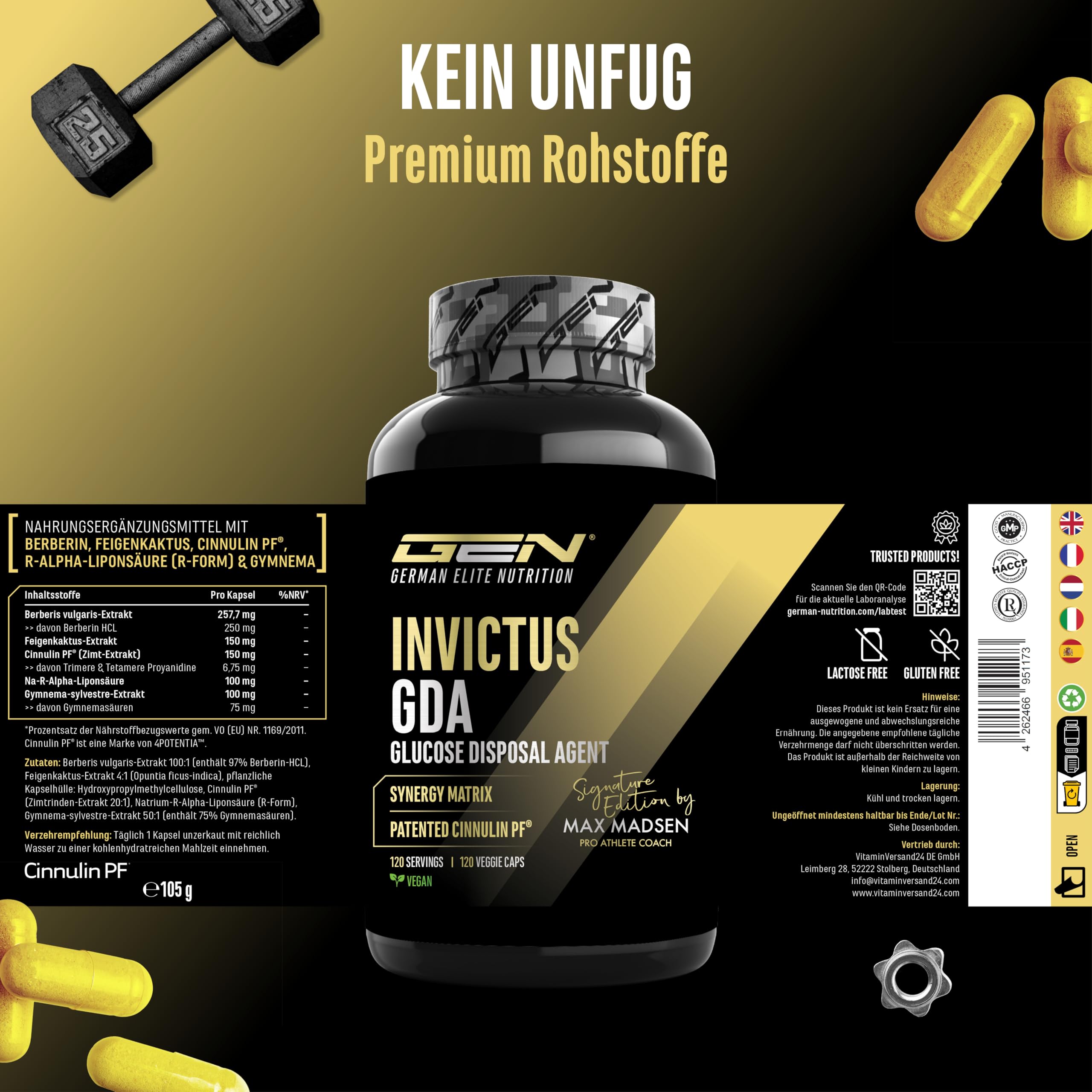 GEN GERMAN ELITE NUTRITION Invictus G.D.A - 120 Kapseln | Berberin-Komplex mit Markenrohstoff Cinnulin PF® & Na-R-Alpha-Liponsäure - Glucose Disposal Agent (GDA) - Laborgeprüft