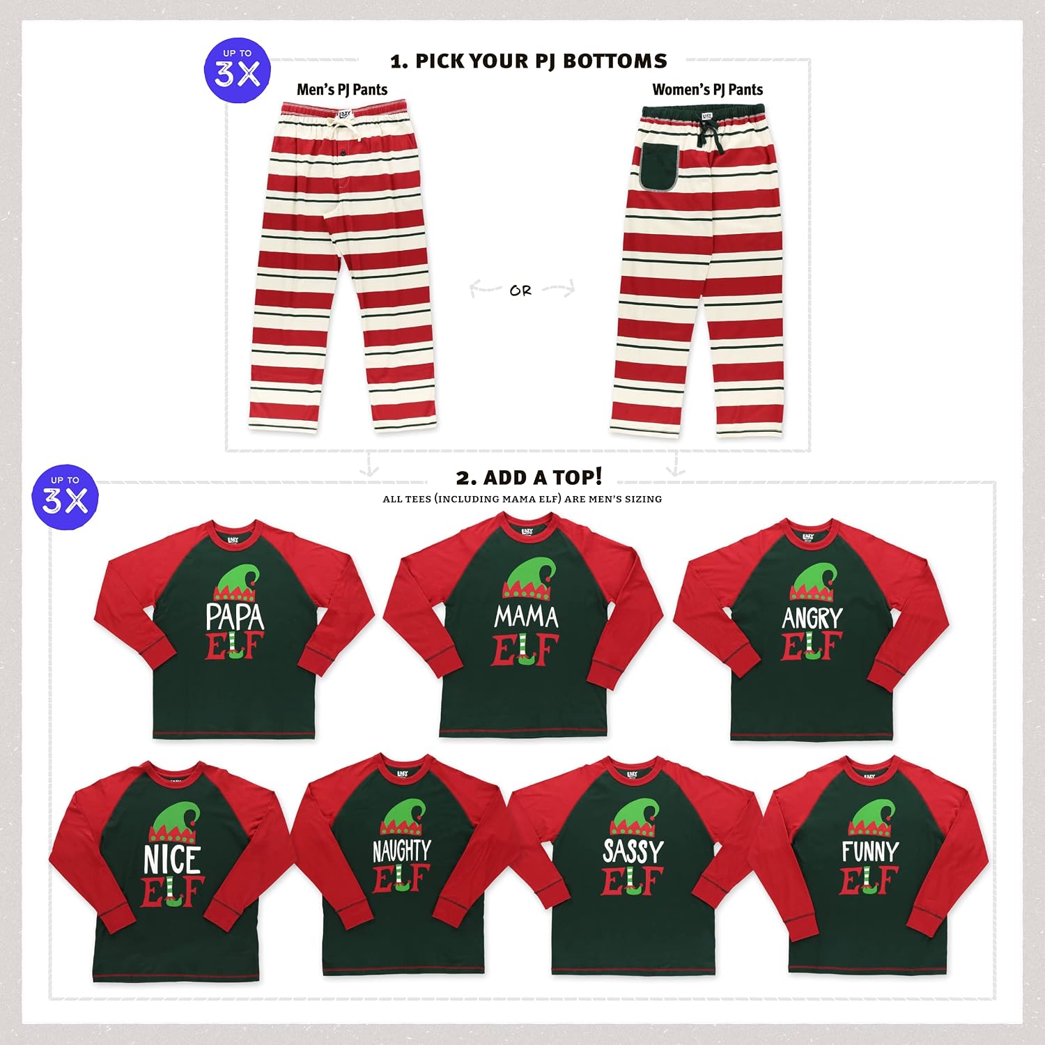 Lazy One Matching Family Christmas Pajamas, Elf Matching Christmas PJs for Family, Adult Tees & Pants Separates