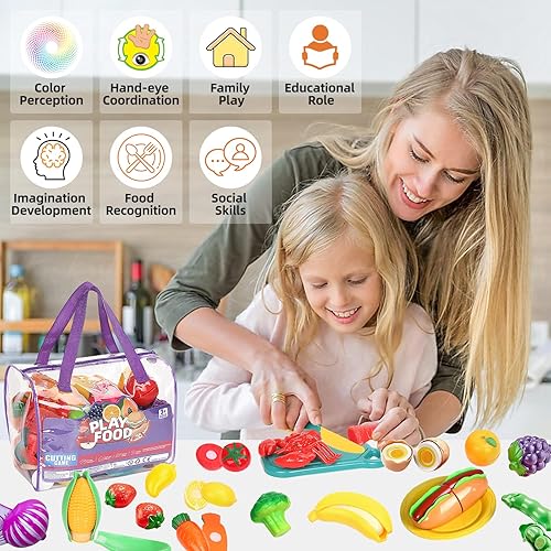Miniatura 5 de Juego de 80 piezas de comida de corte para la cocina de los niños, juguetes de comida falsos con bolsa de almacenamiento, juego de comida de juguete