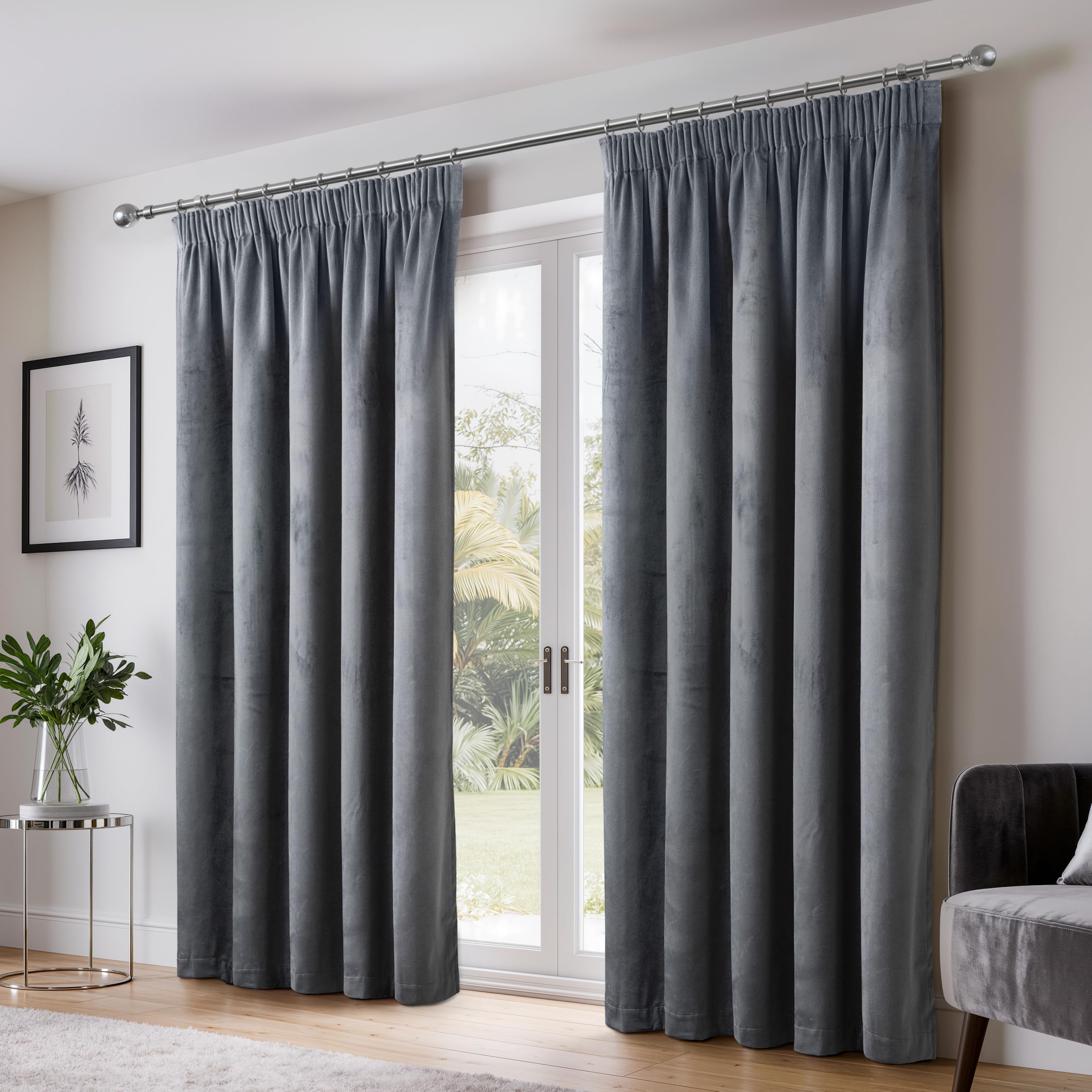 Emma Barclay Dusk Velvet Blackout Pencil Pleat Curtains for Bedroom Living Room, Thermal Soft Plain Velvet Curtain Pair, 66 x 54 Inch, Charcoal