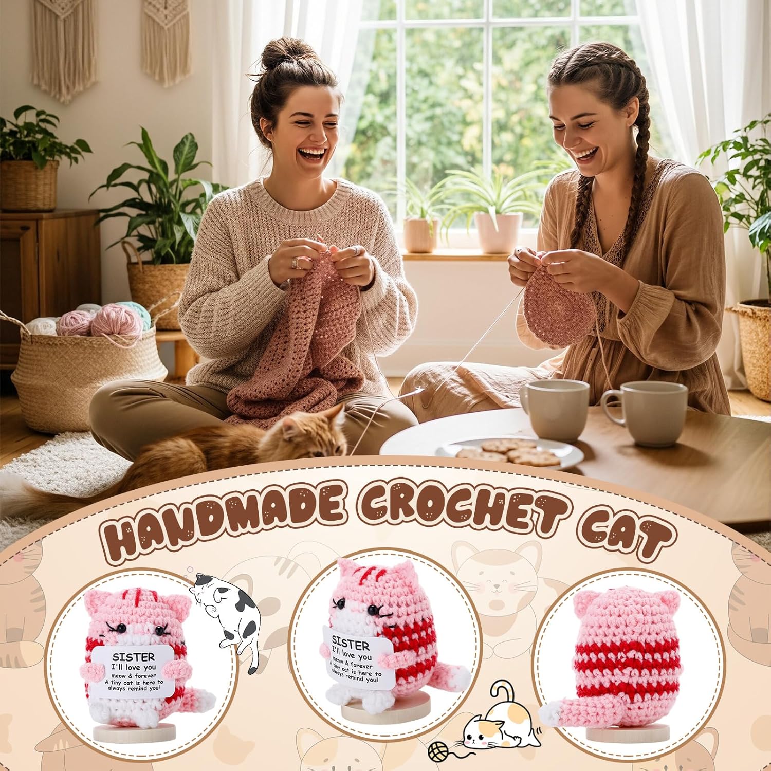 Peryiter Positive Cute Crochet Cat Gifts for Sister Mini Funny Support Knitted Animals with Wood Base Emotional Birthday Gifts Basket Stuffers Desk Decor - Image 6