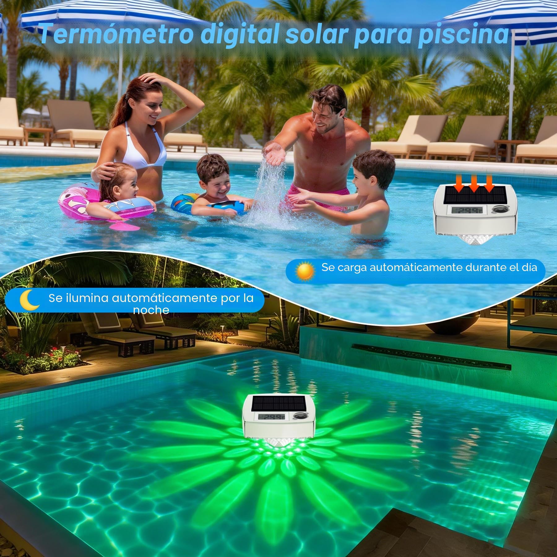Termómetro solare digitale 2 in 1, Termómetro solar para piscina galleggiante con grande display LCD e illuminazione LED RGB per piscina. Impermeabile IP68.