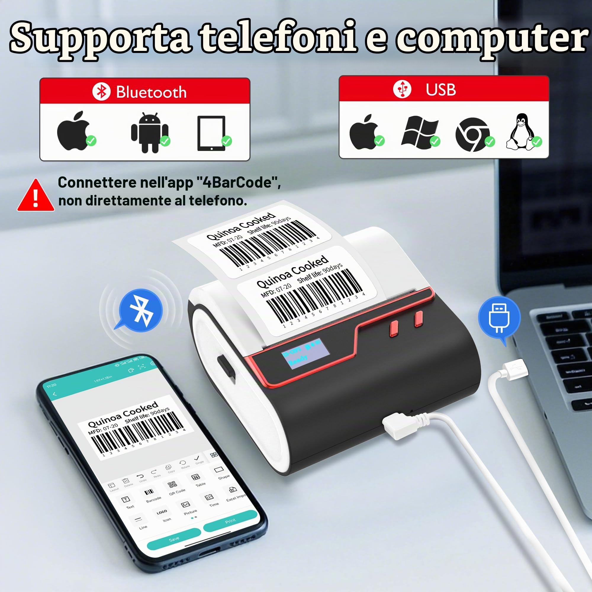 ORGBRO Etichettatrice, Z3 Termica Stampante Etichette Adesive Mini Stampante per Codici a Barre per Gioielleria, Supermercati e Piccole Imprese con 1 Rotolo di Etichette Bianche 50x30 mm, Rosso