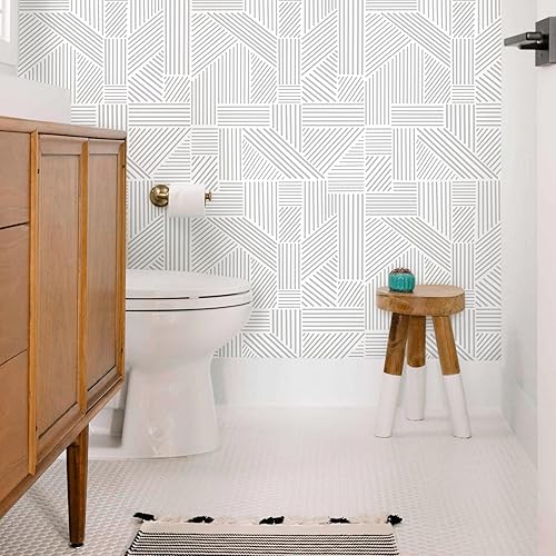 Miniatura 7 de Tomete Papel tapiz geométrico gris y blanco para despegar y pegar, papel tapiz bohemio de 118 pulgadas de largo y 17.3 pulgadas de ancho, papel de