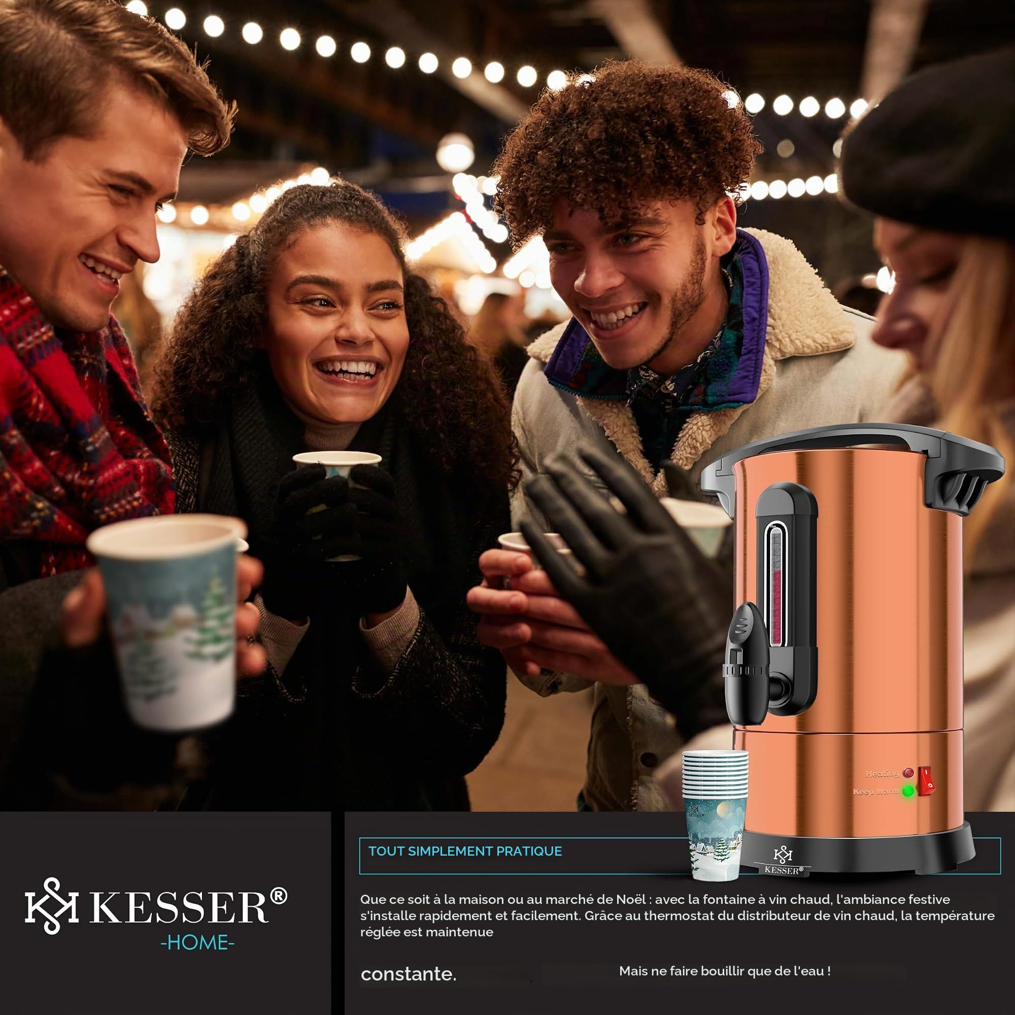 KESSER Bouilloire à vin chaud 6,8/10/20/30 l en acier inoxydable avec gobelet, bouilloire à vin chaud avec thermostat, distributeur d'eau chaude, indicateur de niveau de remplissage, robinet