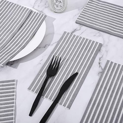 Miniatura 4 de Whaline Paquete de 100 servilletas desechables a rayas grises y blancas para invitados, paquete de papel a rayas, servilletas de mano para boda,