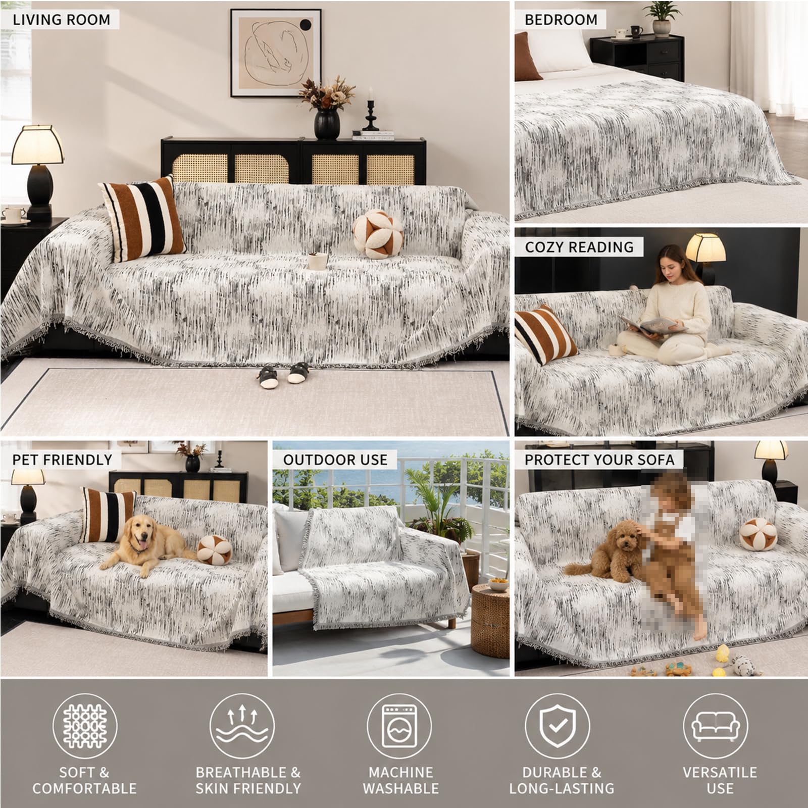 Manta Decorativa para el Hogar Todo el Año para Sofá, Sillón, Cama,Negro,180x420cm