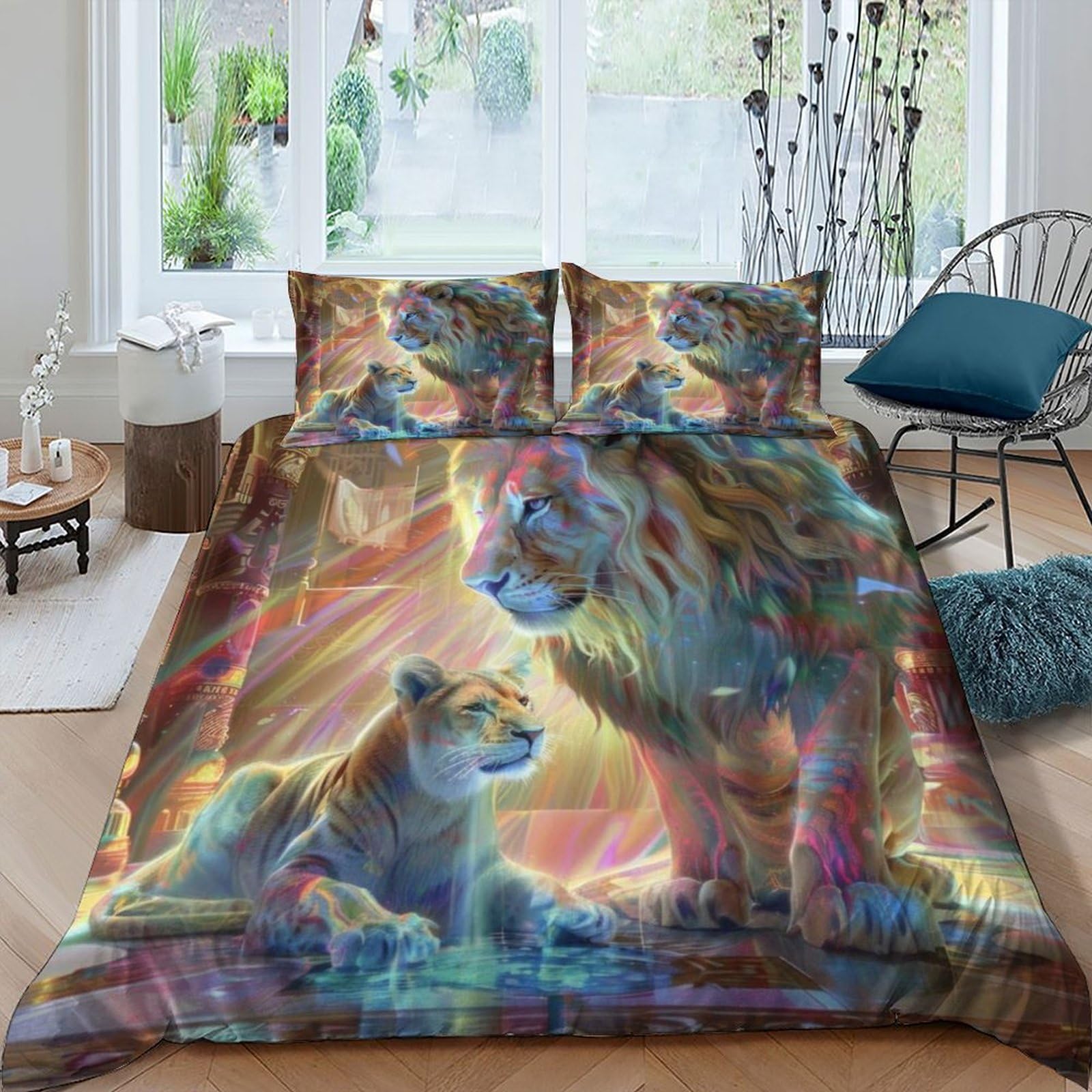 Housse de couette 220x240 animal lion parure de lit microfibre grand lit 2 personnes adulte