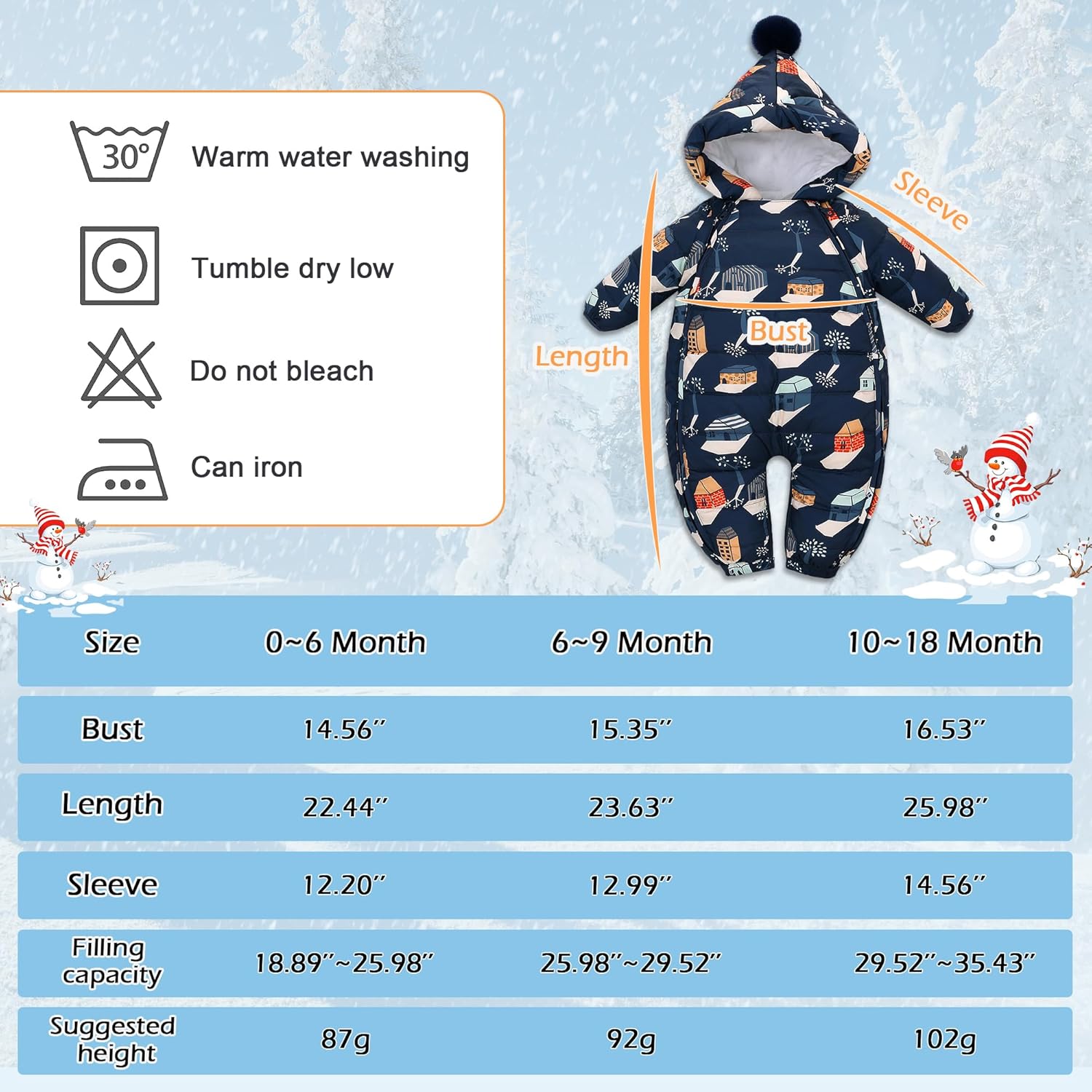 LAT 3 Pcs Baby Snowsuit Winter -Super Warm Flannel Lining Puffer Jacket Hoodie Romper -Double Zip Up Coat Toddler Clothes - Image 4
