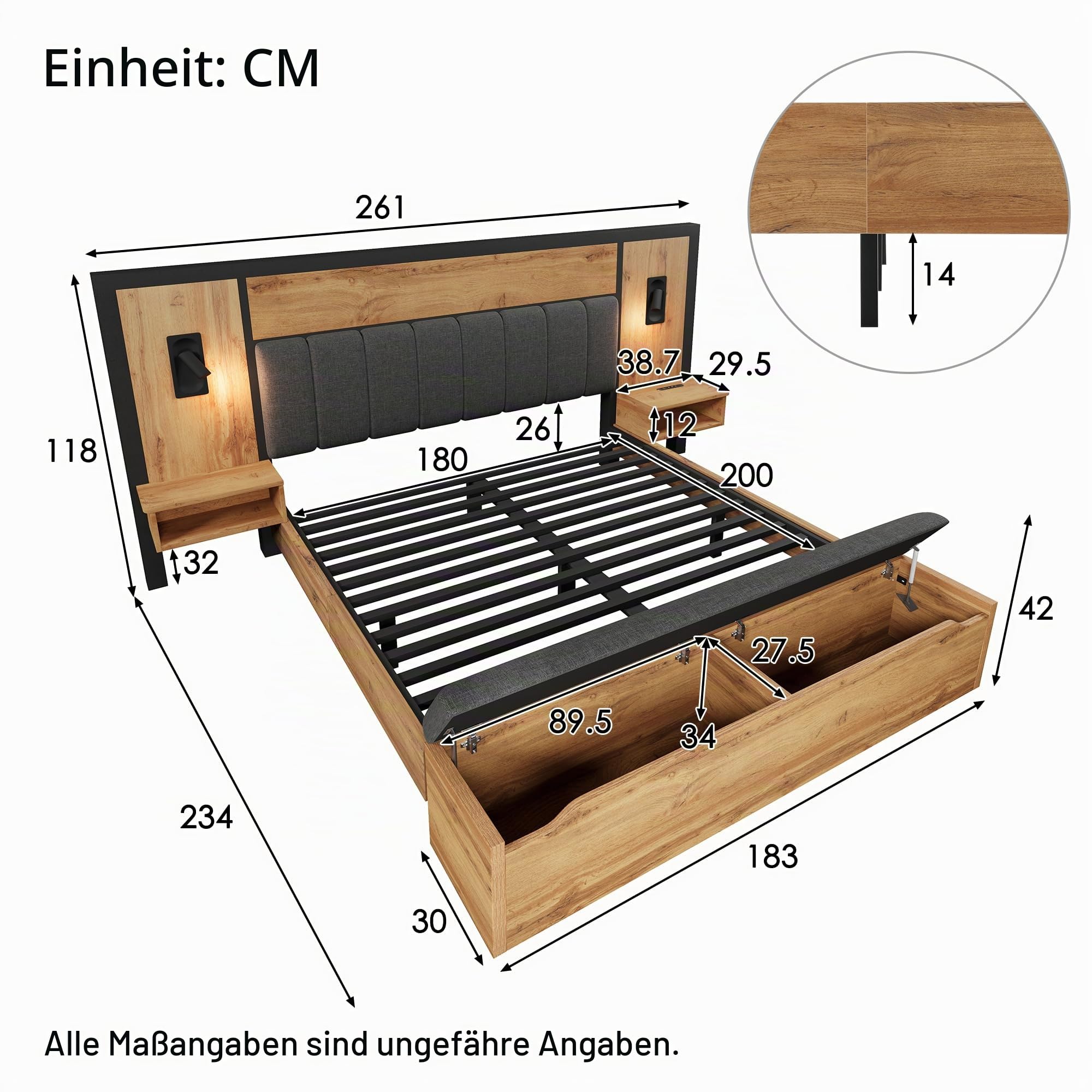 Moimhear Doppelbett Polsterbett, Bettanlage mit Leselampe und USB C Nachttisch und Sitzbank mit Stauraum, Bettgestell mit Lattenrost aus Metall, Holz und Leinen, Eiche(Ohne Matratze) (180x200 cm)