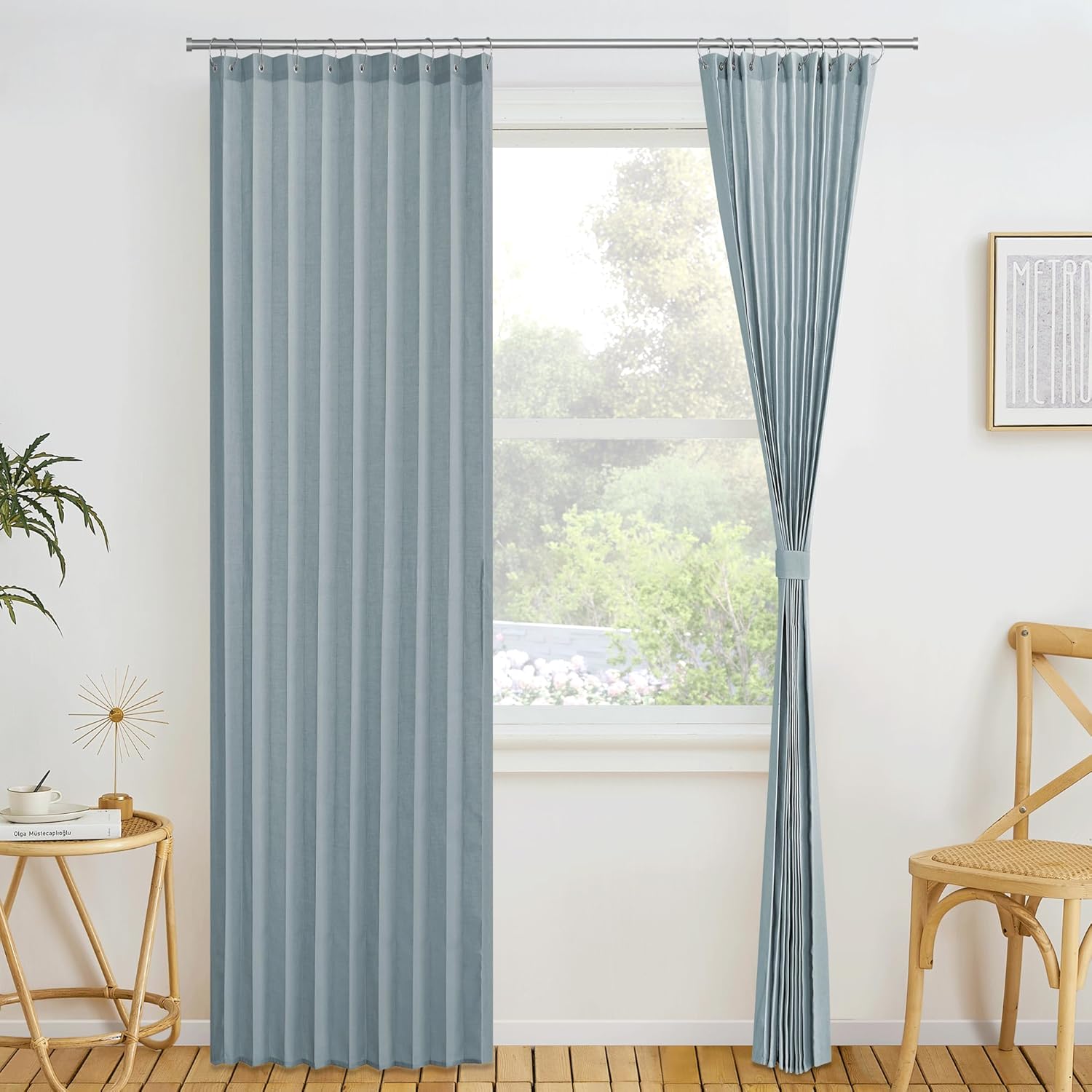 NICETOWN Linen Curtains for Bedroom Privacy, Accordion Window Curtains with Hooks for Living Room Closet Light Filtering Door Curtain for Doorway Room Divider, 50" W x 80" L, 1 Panel, Stone Blue