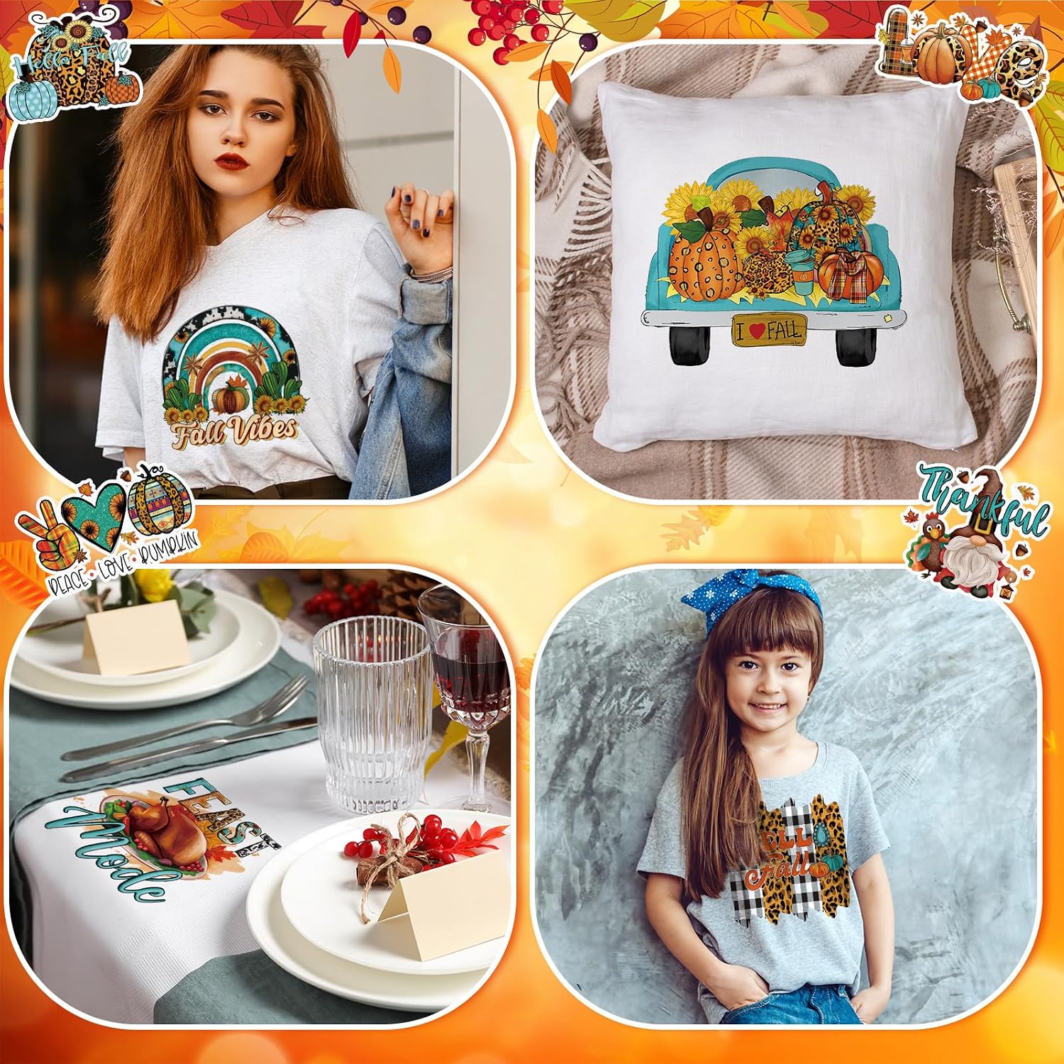 Estune 30 Pcs Fall Iron on Transfers Patches Autumn Pumpkin Heat Transfers Ready to Press Thanksgiving Turkey Heat Transfer Vinyl Fall Iron on Patches Decals for T Shirts Clothes Bag DIY Decorations