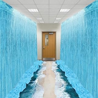 CrystalSylara Passover Decorations Kit Crossing Red Sea Decor Kit Jewish Pesach Festival Decorations 4 Blue Disposable Tablecloths 2 Foil Fringe Curtains 1 Ocean-Style Aisle Runner for Bible Lessons