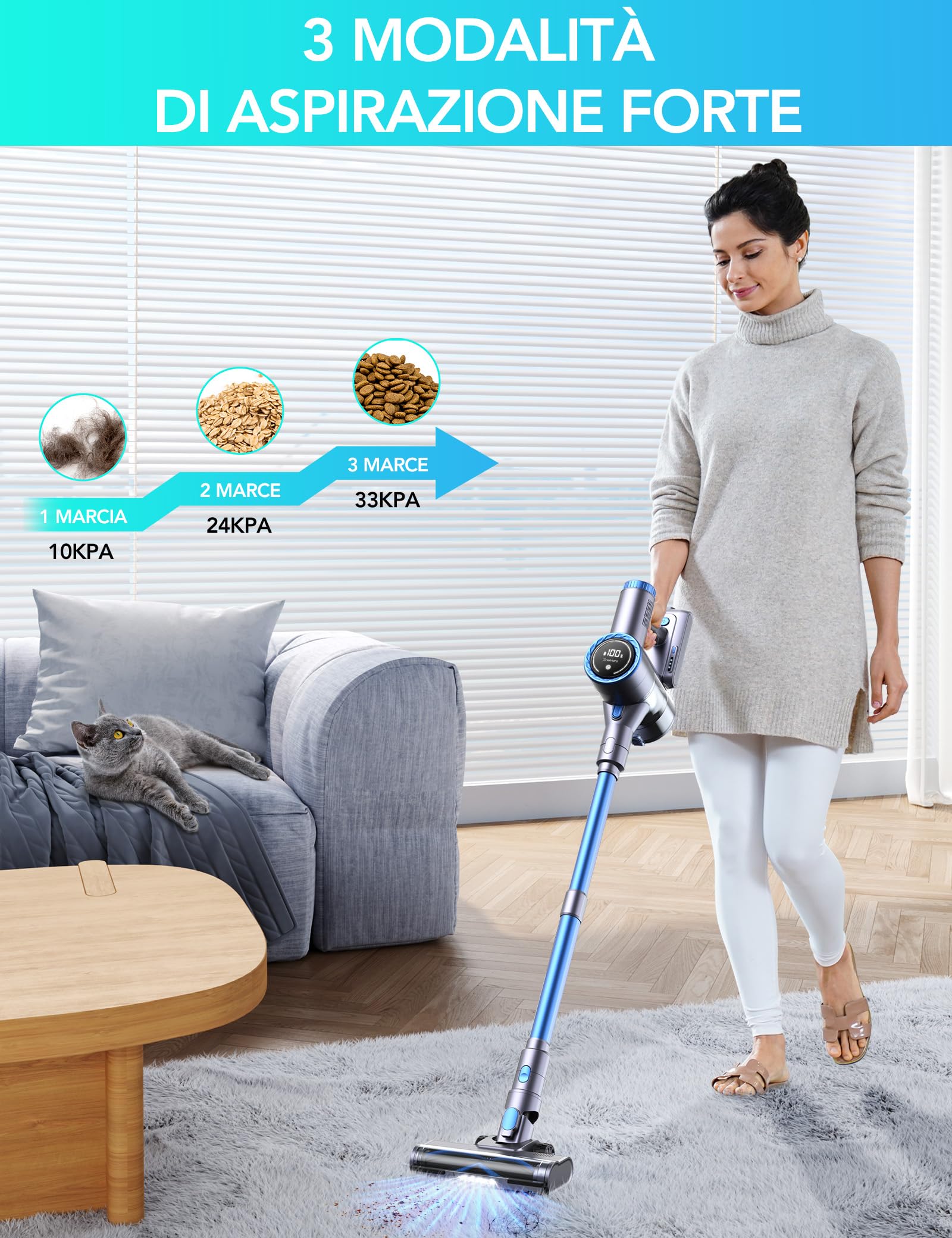 Greenote GSC60 Aspirapolvere Senza Fili 480w/33kpa, 10 in 1 Potente Aspirapolvere 50 Min, Tubo Prolungato, Touch Screen LED, Tubo Estensibile, Antigroviglio, Adatto a Pavimenti/Tappeti/Peli Animali