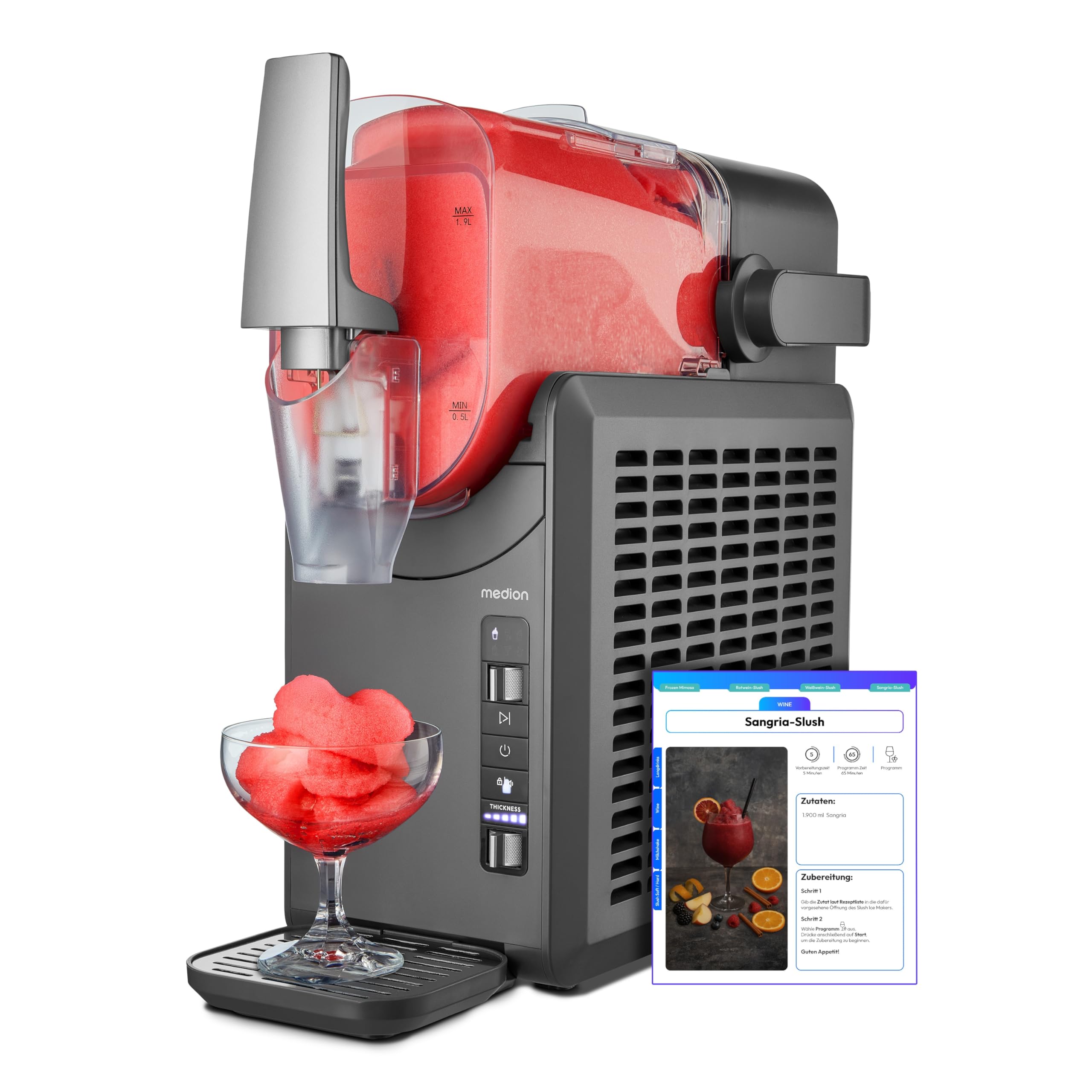 MEDION Slush Maschine (2,6 Liter Slush-Eis Kapazität, 1,9 Liter Fassungsvermögen, Slush Ice Maker für Getränke, 5 Getränkemodi, 30-60 Minuten Zubereitungszeit, Kompressor, Slush Eis Maschine, MD12090)