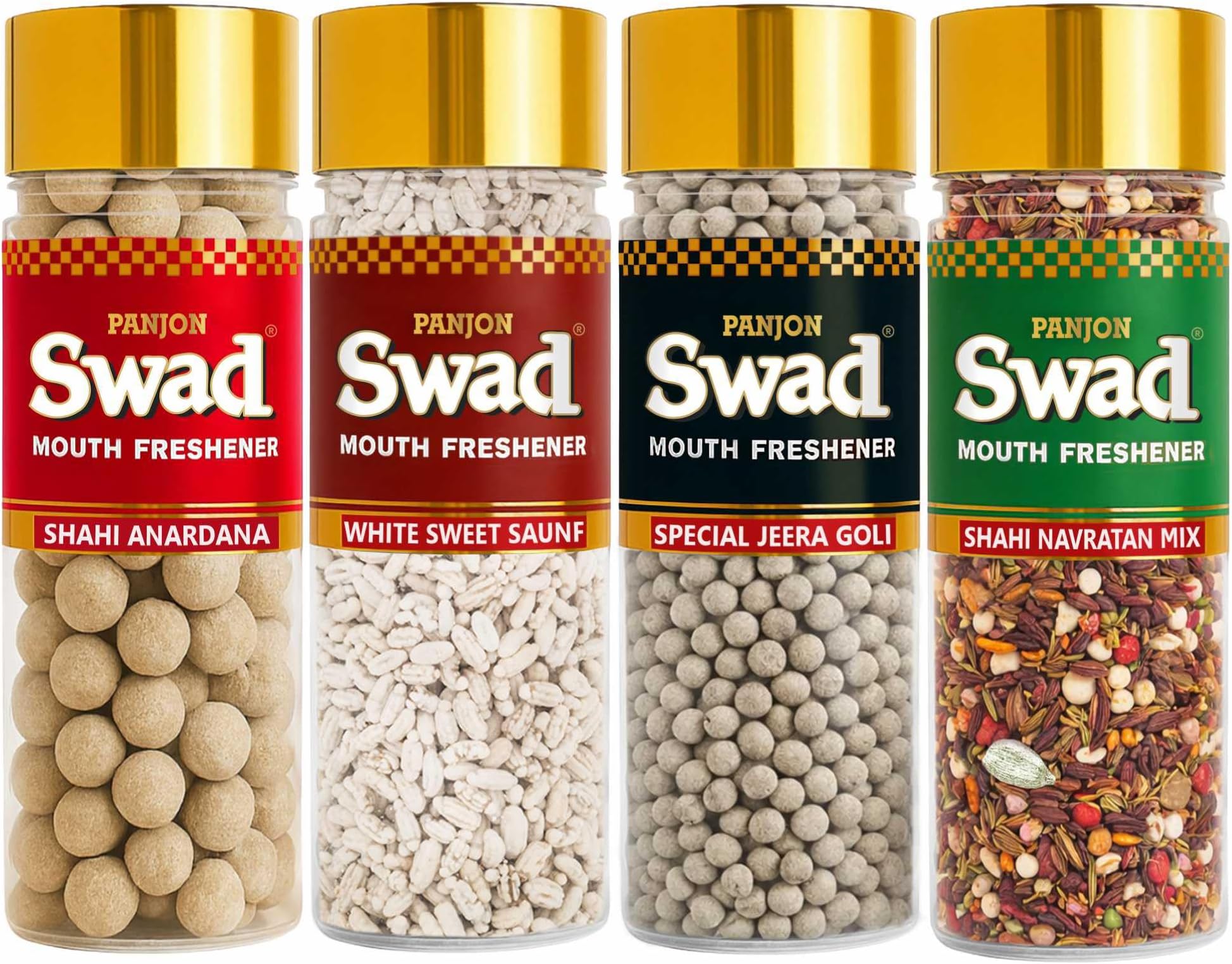 Panjon Swad Mouth Fresheners (Anardana, White Sweet Saunf, Jeera Goli, Navratan Mukhwas) 100% Vegan & Gluten-free | After Meal Indian Snack | Combo Gift Pack of 4, Jute Gift Set