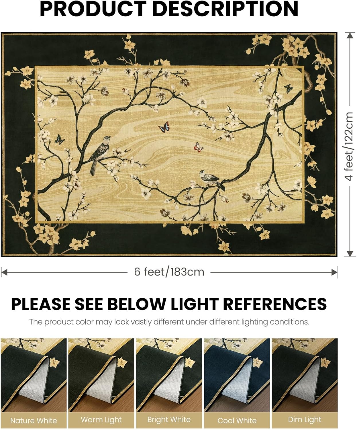 4x6 Area Rug for Living Room, Oriental Floral Birds Washable Rugs for Bedroom, Soft Low Pile Non Slip Carpet for Dining Room Kids Room Nursery Office Home Decor, Black Gold
