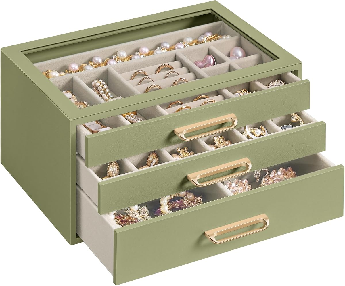 SONGMICS Joyero de 3 Capas con Ventana de Vidrio, 3 Cajones, Asas Doradas | Organizador de almacenamiento de joyas para anillos, aretes, pulseras, verde salvia, 9,4 x 6,3 x 4,9 pulgadas, colección GLORIBEL UJBC206CE01S