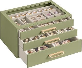 SONGMICS 3-Layer Jewelry Box with Glass Window, Jewelry Storage Organizer with 3 Drawers, Golden Handles, for Rings, Earrings, Bracelets, Gift Idea, Sage Green, 6.3 x 9.4 x 4.9 Inches UJBC206CE01S