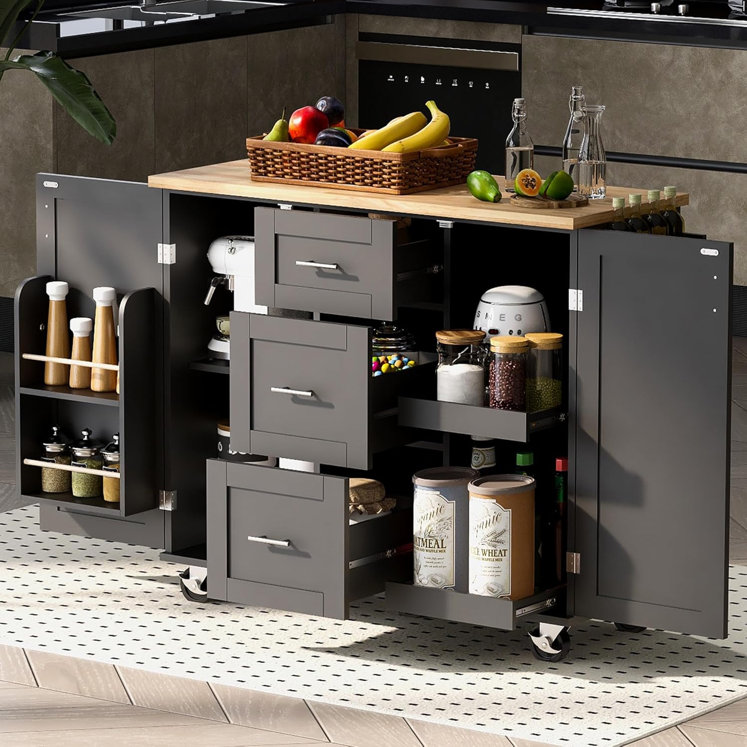 Kitchen Island on Wheels with Internal Storage Rack, Kitchen Island Cart with Rubber Wood Top, 2 Slide-Out Shelf and 3 Drawer, Kitchen Storage Cart with Spice & Towel Rack, Black