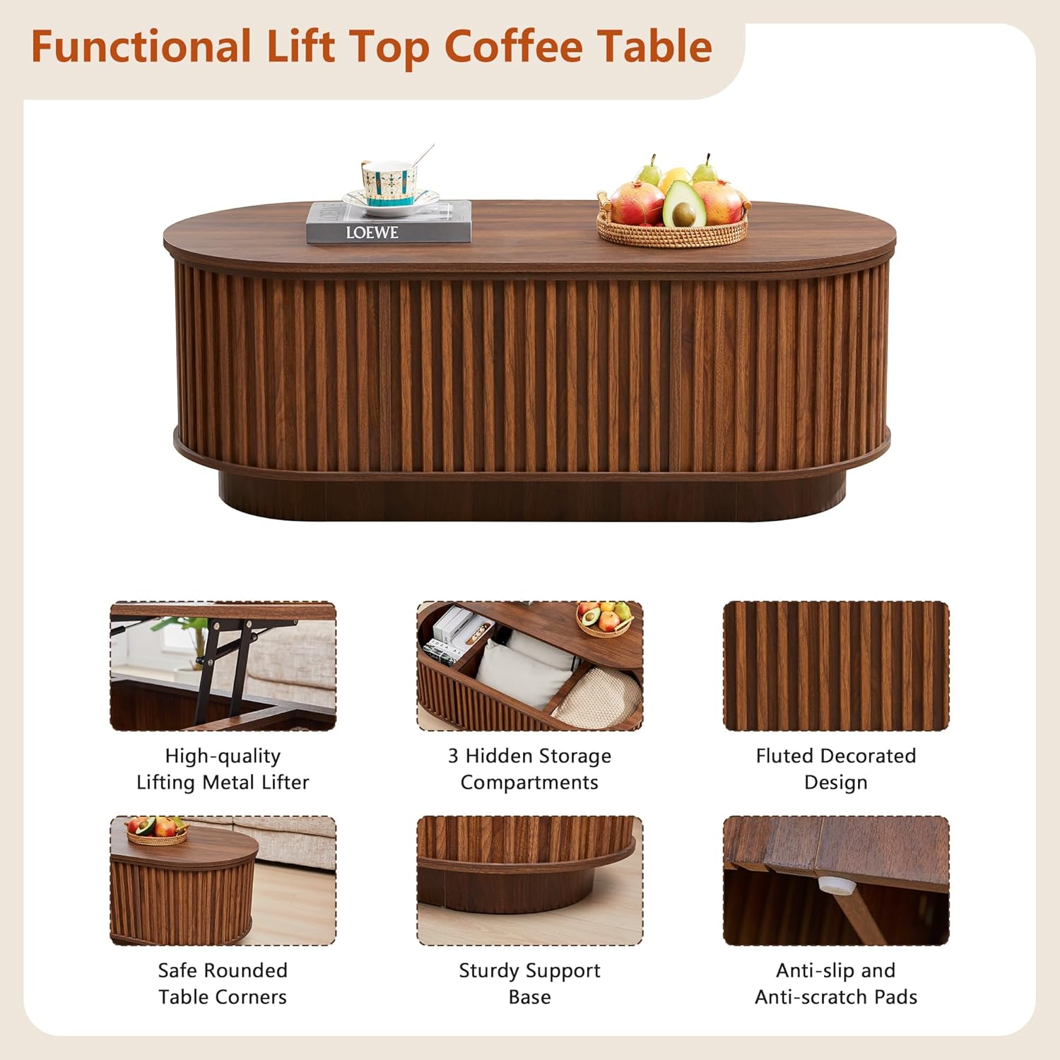 Oval Lift Top Coffee Table with Storage, 43.3”Mid Century Modern Center Table with Hidden Compartment, Fluted Wooden Lift Tabletop Dining Tables for Living Room Apartment Home Office,Walnut