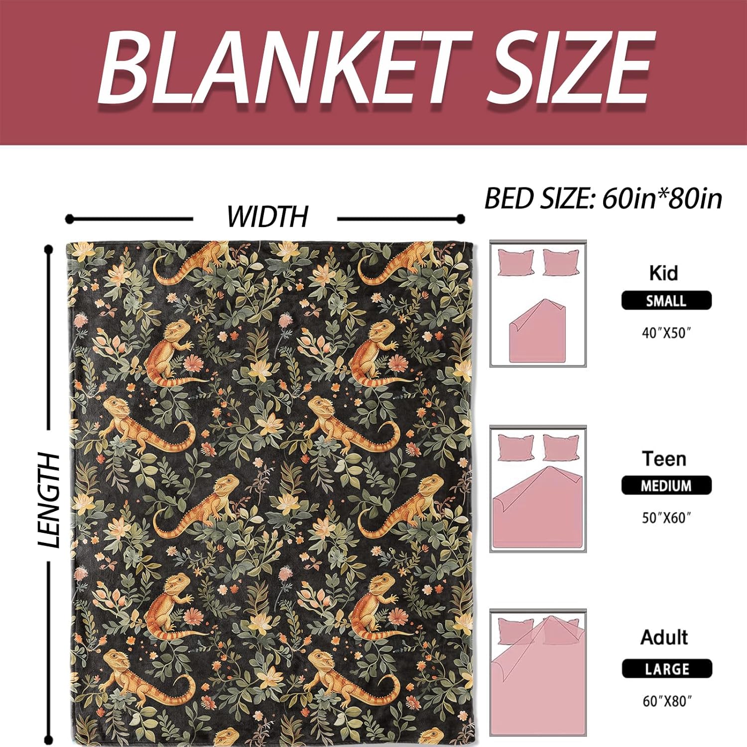 Bearded Dragon Flannel Blanket 50x60in,Cute Orange Lizards Among Wildflowers on Black Background,Soft Lightweight Throw for Reptile Lovers,Women,Teens,Nature Decor Gifts Blankets - Image 3