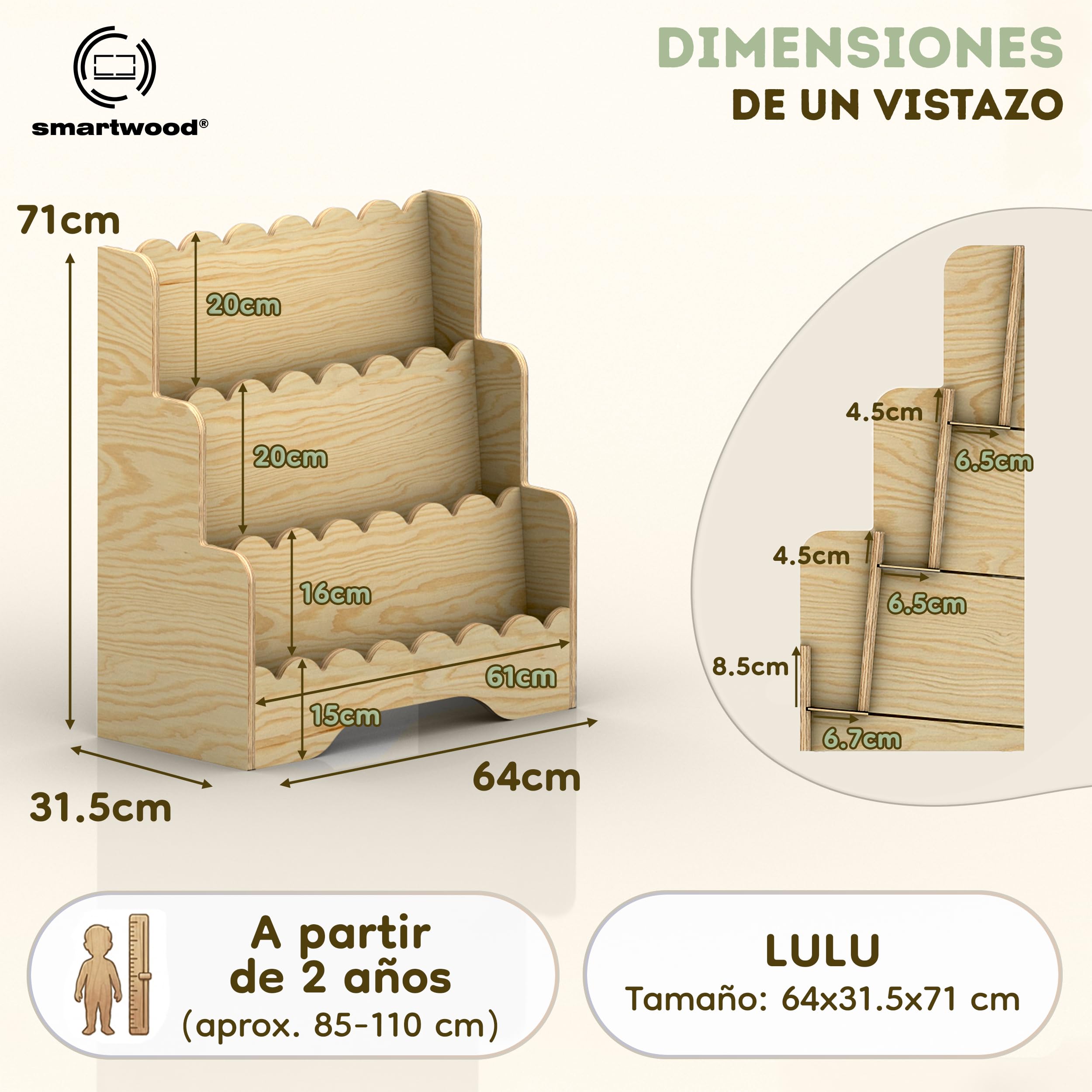 smartwood Libreria Infantil - Estanteria Montessori para Habitación Infantil con 3 Compartimentos de Pino Certificado FSC para Libros y Juguetes 64x31,5x71 cm - Estable y Montaje Fácil - Lulu