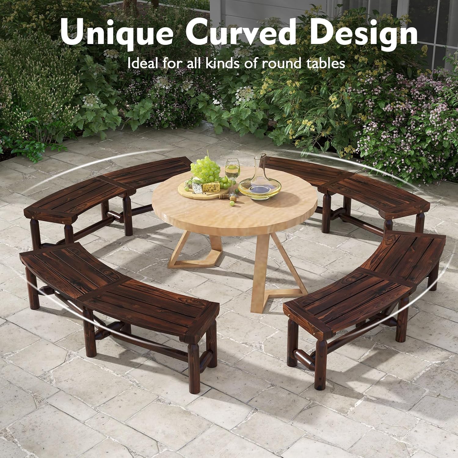 Tangkula Patio Curved Benches arranged around a round table