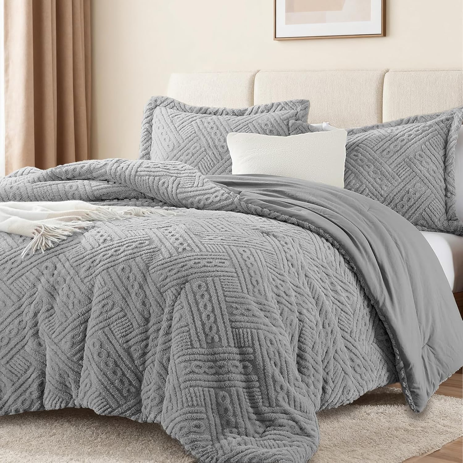 Homelike Moment Fluffy Queen Comforter Set - Grey Warm Comforters for Winter Queen Size, Comforter Full Size Bed Set 3 Piece