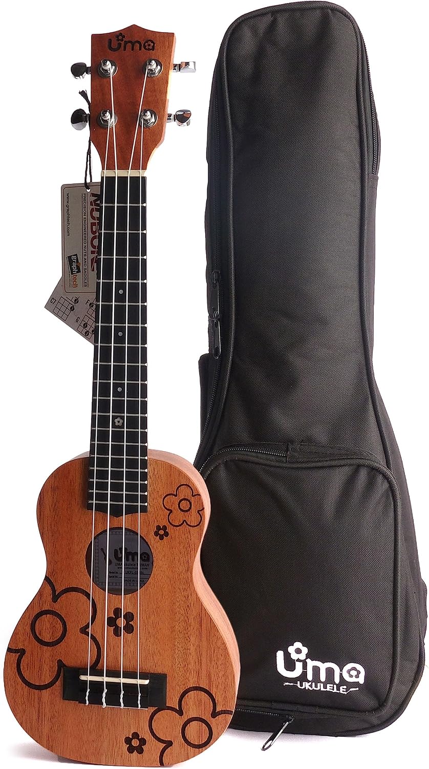 Official UK-FL Solid Mahogany Flower Carving Ukulele with Uma Padded Gig Bag (SCP 23" Pineapple Concert 16 Frets)