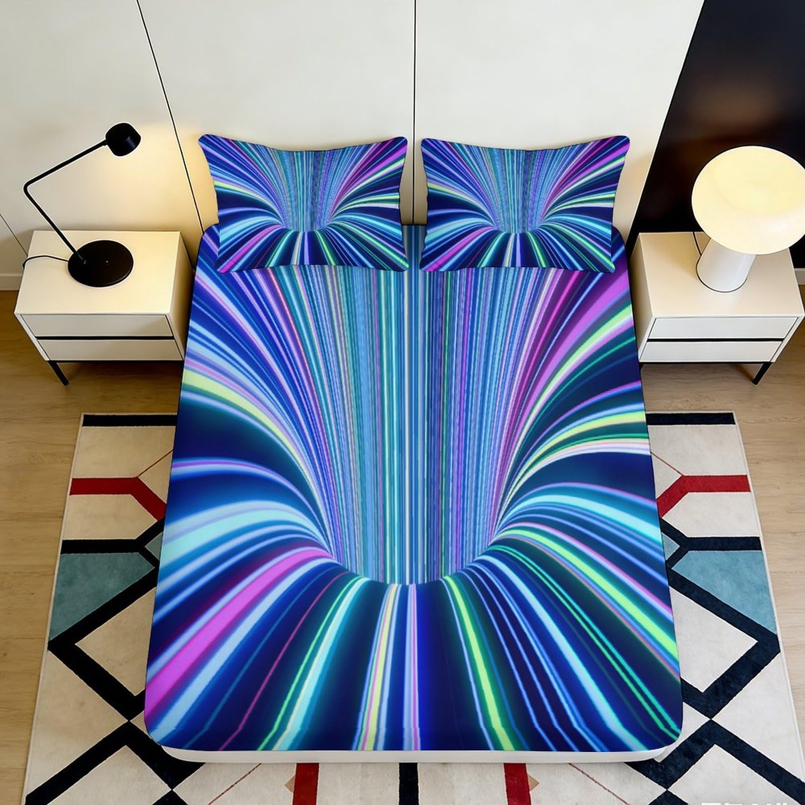 3D Printed Neon Light Tunnel Fitted Sheet Microfiber Soft Anti-Slip Vortex Stripe Mattress Cover for Bedroom Dorm Decor 180x200x25cm