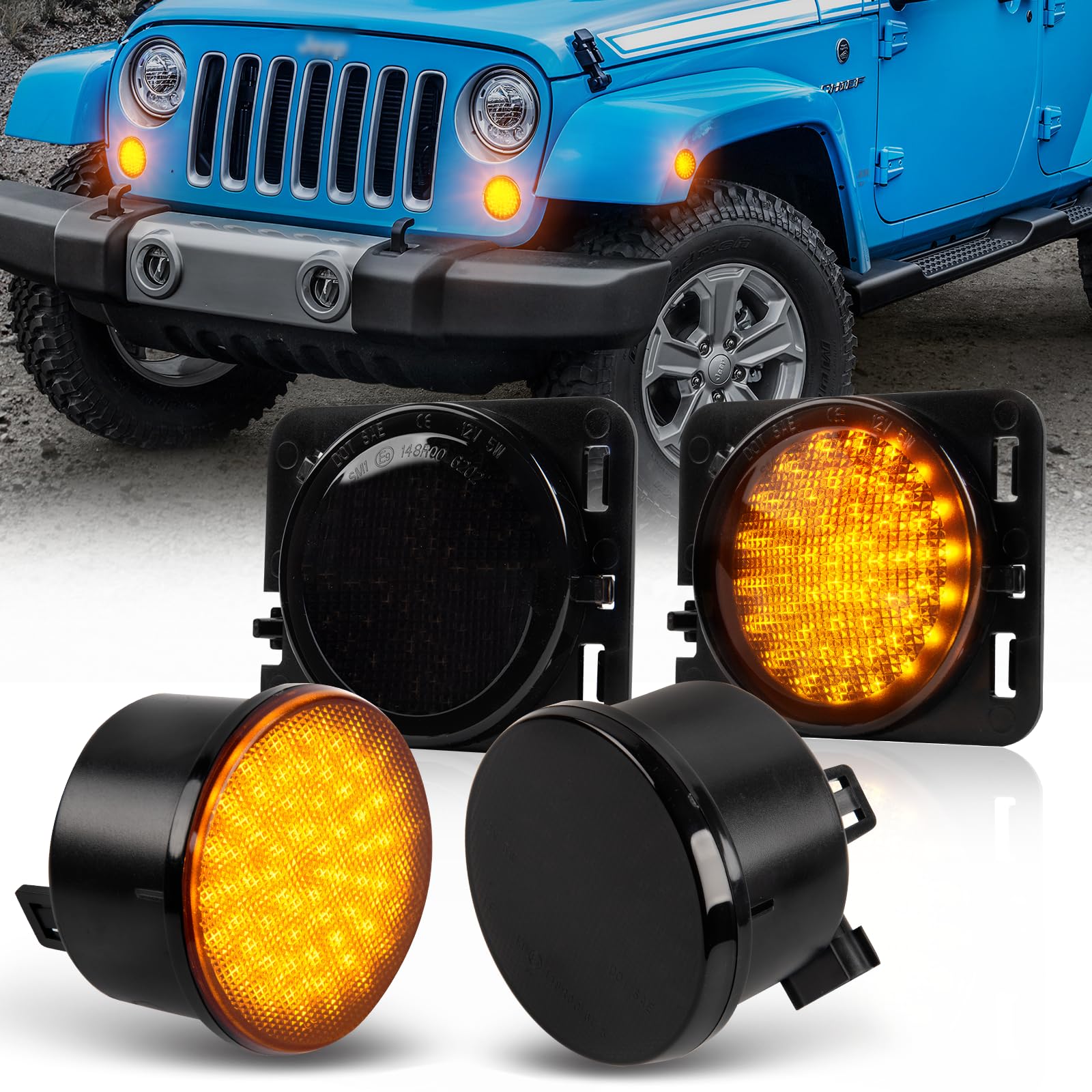Dynamiczne strzałki boczne LED z przodu dla Wrangler JK 2007-2015, Canbus LED kierunkowskazy boczne, czarne 4 szt