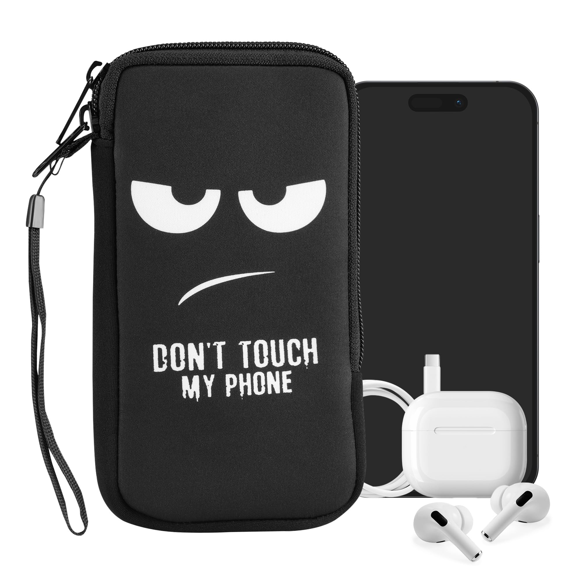 kwmobile Custodia in neoprene con zip per smartphone XXL - 7" - Astuccio portacellulare a sacchetto con cerniera - Borsa verticale - Don't touch my phone bianco/nero