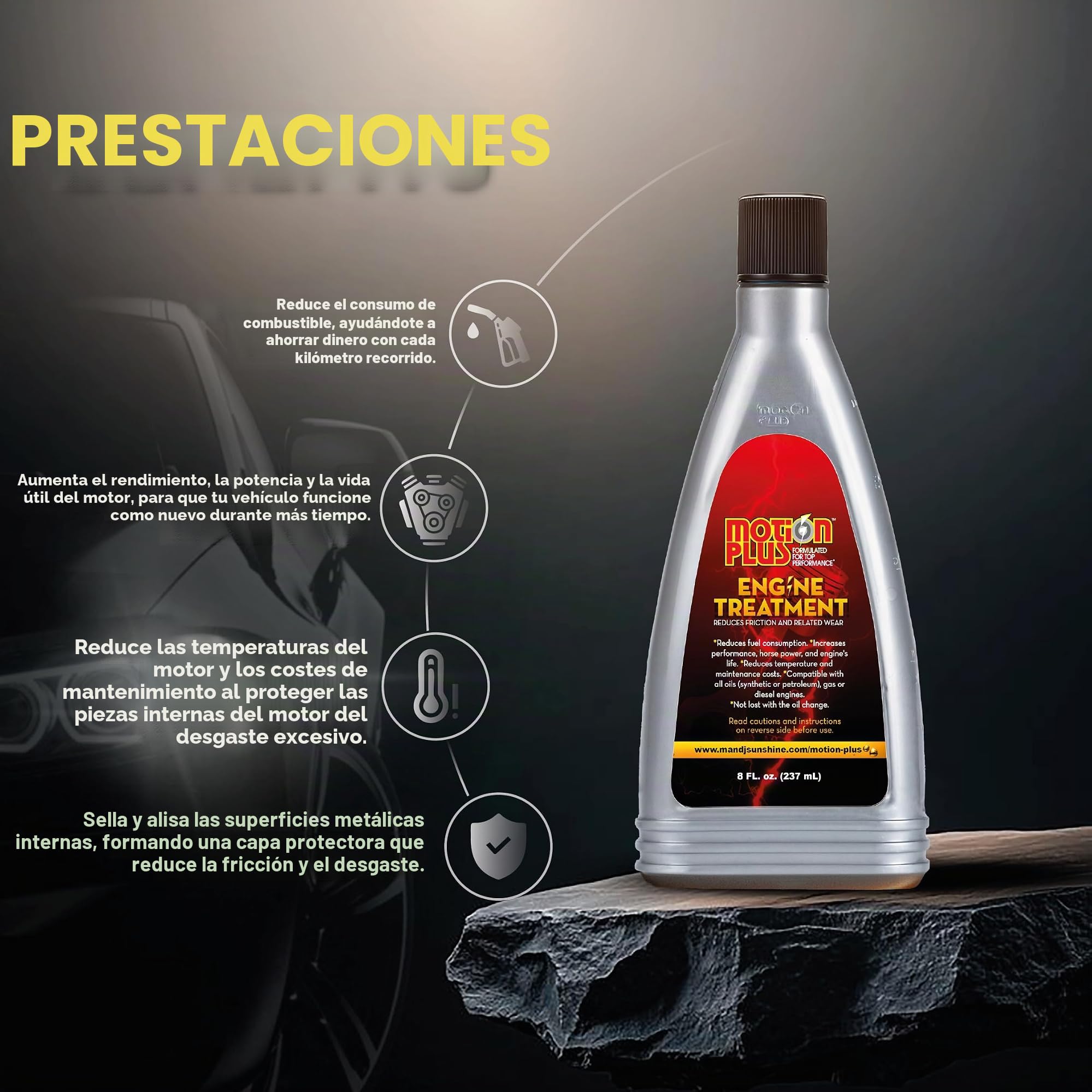 Tratamiento de motor Motion Plus/tratamiento de metal/superlubricante/resistente/antifricción/tratamiento de metales del motor/lubricante/EP/automoción/coches/8 onzas