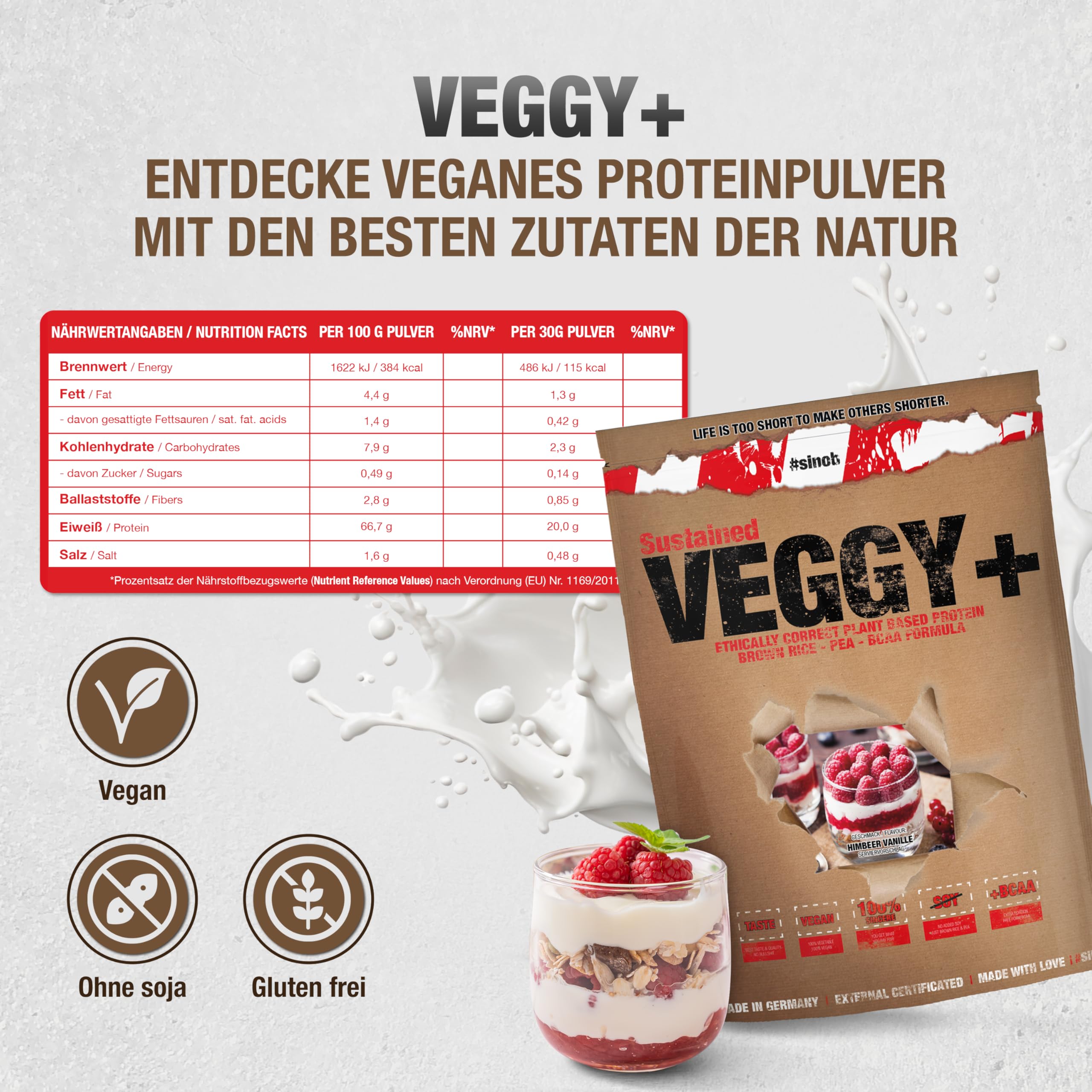 Veggy+ Veganes Proteinpulver (Vanille Himbeere) aus Reis- und Erbsenprotein Pulver mit vegan BCAAs 1 x 900 g Protein Pulver für Veganer. Mehrkomponenten Protein Pulver 70 prozent Eiweiss
