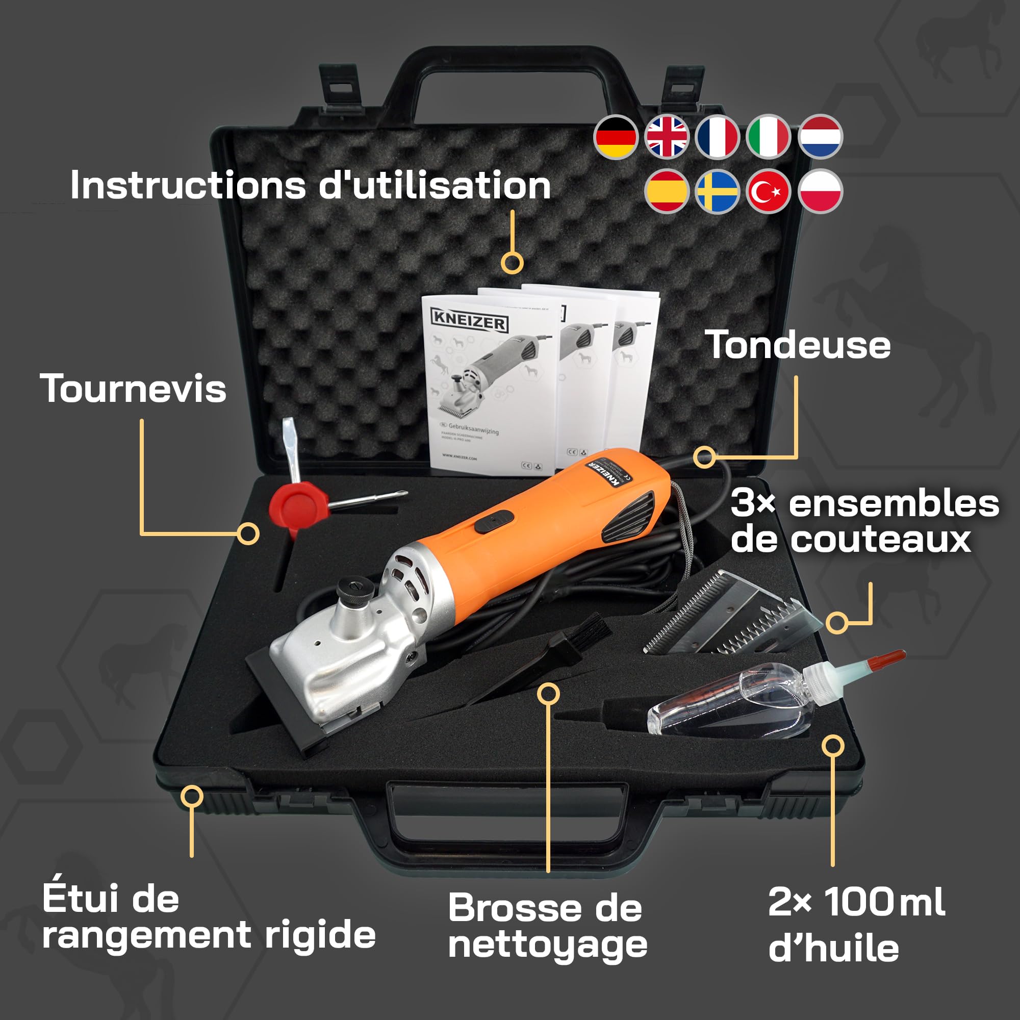 Tondeuse Cheval KNEIZER Kit Complet Lames Interchangeables Silencieuse Faible Vibration