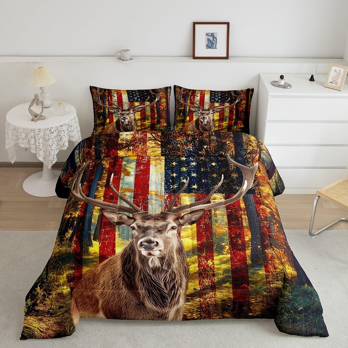 Erosebridal 3D Deer Duvet Set Elk Antlers Bedding Set Twin Size Animals Print Comforter Set American Flag Quilt Set Room Decorative Retro Comforter Set
