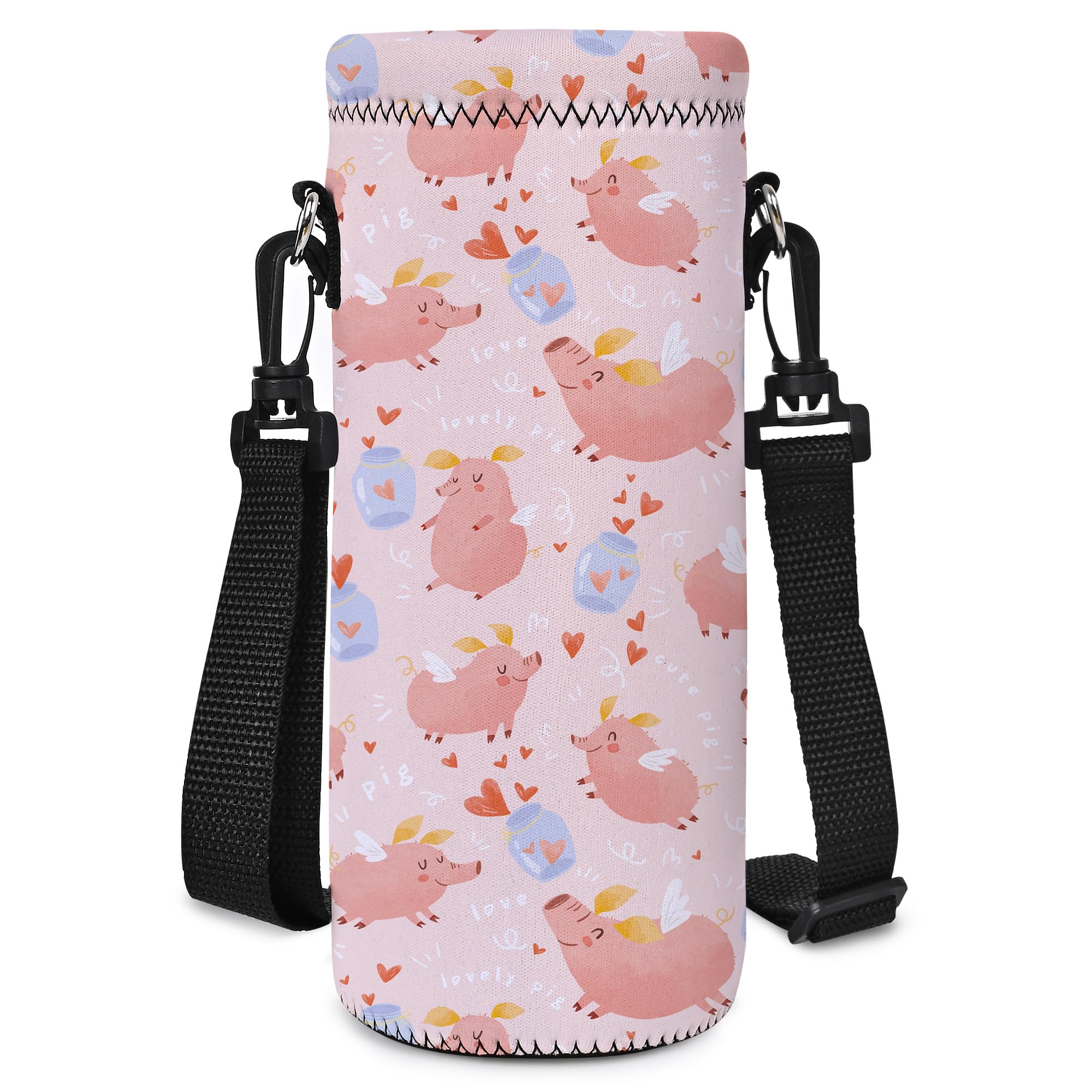 Hnycsir 500ML Neoprene Water Bottle Bag Carrier, Portable Insulated Sling Holder Case Pouch with Adjustable Shoulder Strap for Men Women Travel,Hiking,Walking,Running,Outdoor Activities (Pink Pig) — image 1