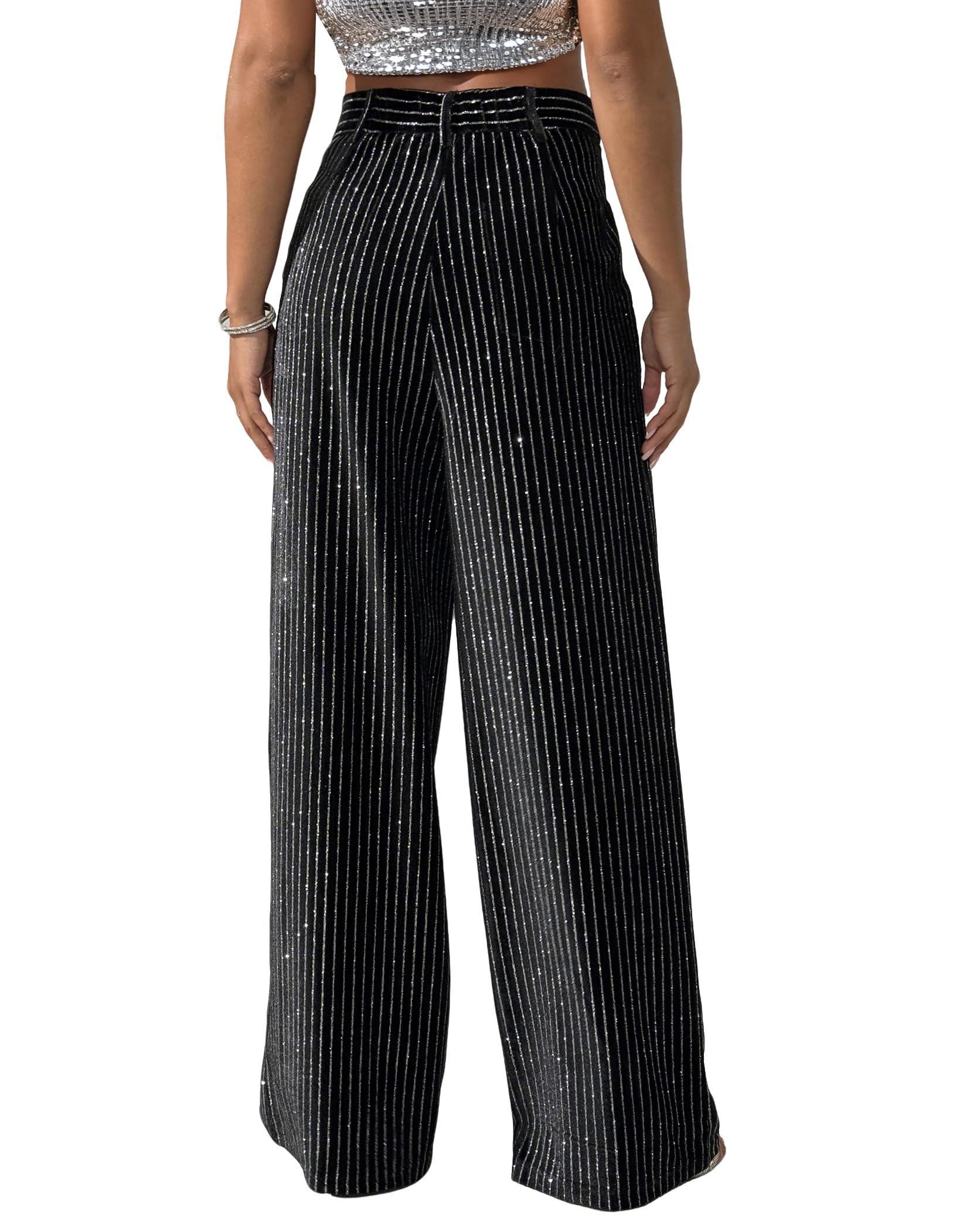 Pantaloni da donna a righe in velluto con strass per autunno spessi pantaloni a gamba larga luccicanti glitter party clubwear